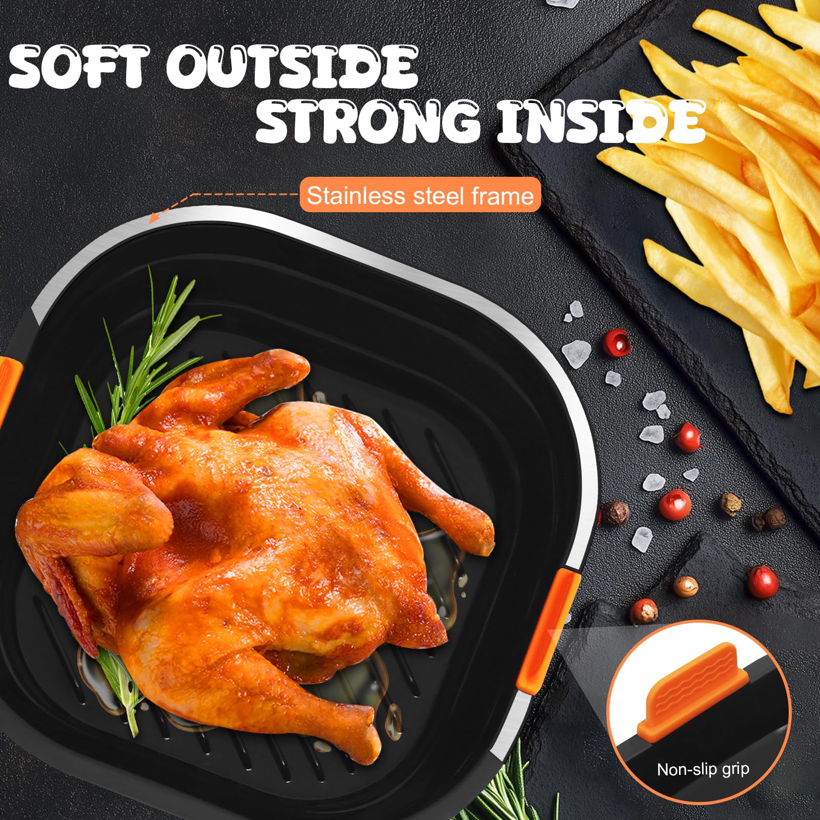 21cm Teglia per Friggitrice ad Aria [Set da 2] - Struttura in Acciaio Inox Indeformabile, Pieghevole e Lavabile in Lavastoviglie - Con Ninja/Philips/COSORI/Tefal/Russell Hobbs/Cecotec/Princess