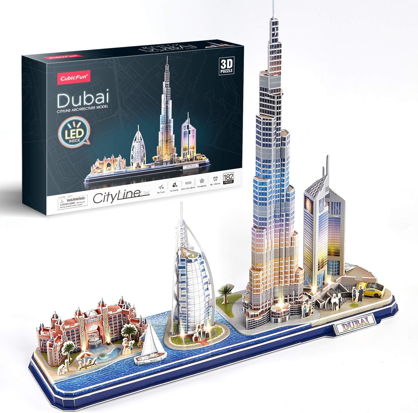 (Dubai) - 3D Puzzles for Kids Adults LED Dubai City Architecture Model, Atlantis The Palm Dubai, Burj Al Arab Jumeirah Hotel, Burj Khalifa, Emirates Towers Jigsaw Puzzles Birthday Gifts for Boys Gi...
