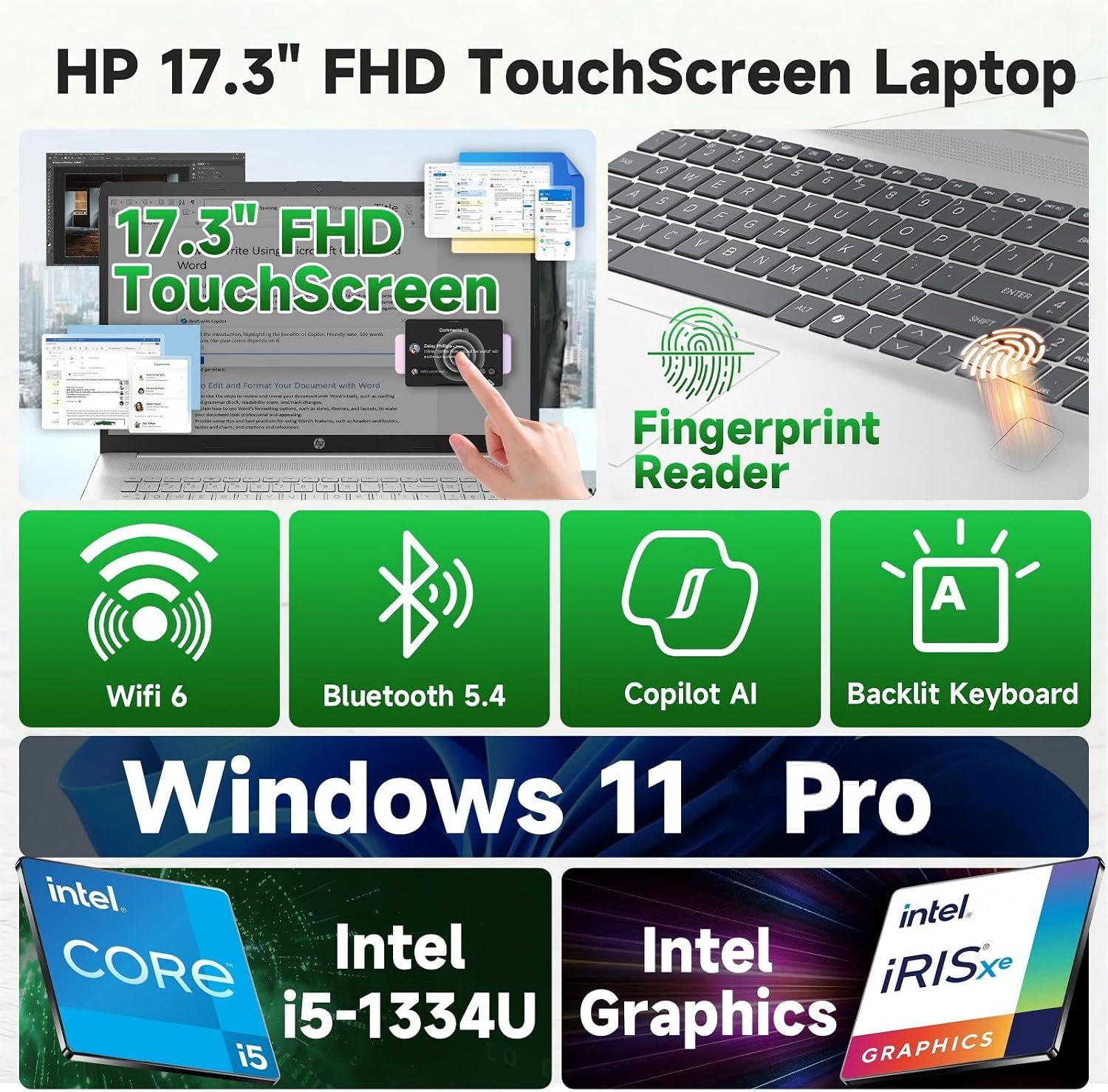 HP 17.3" Business Laptop, Intel 10-Core i5-1334U (Up to 4.6 GHz), 20GB RAM, 1TB NVMe SSD, Backlit Keyboard, Fingerprint Reader, FHD Anti-Glare, Wi-Fi 6, Windows 11 Pro, Silver 3 81nXFeJP2mL. AC SL1500