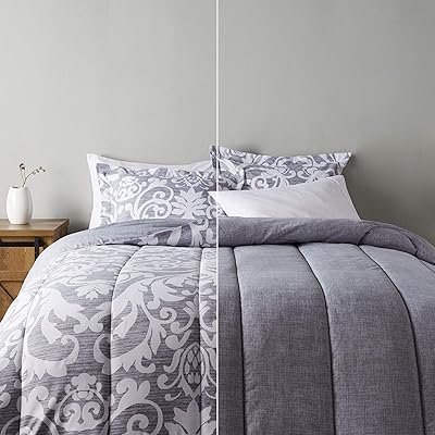 Amazon Basics King Size Ultra-Soft Lightweight Microfiber Reversible 3-Piece Bedding Comforter Set, Gray Medallion