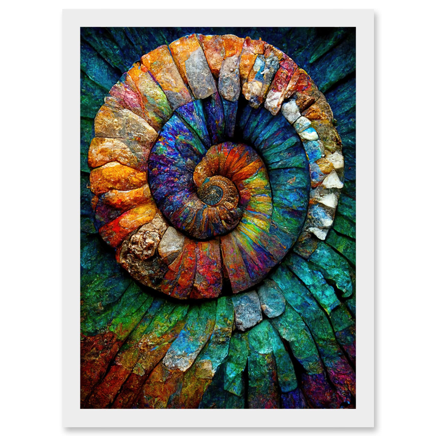 Doppelganger33 LTD Bright Multicoloured Ammonite Fossil Artwork Framed Wall Art Print A4