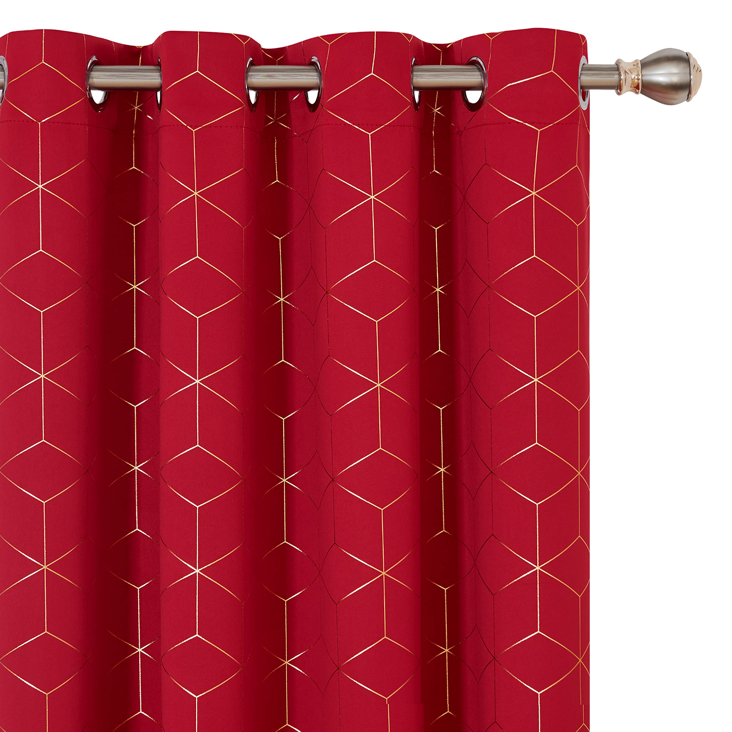 Deconovo Christmas Decorations Blackout Curtains, Energy Saving Curtains, Eyelet Curtains, Gold Diamond Printed Curtains for Girls Bedroom, 52 x 84 Inch(Width x Length), Red, One Pair