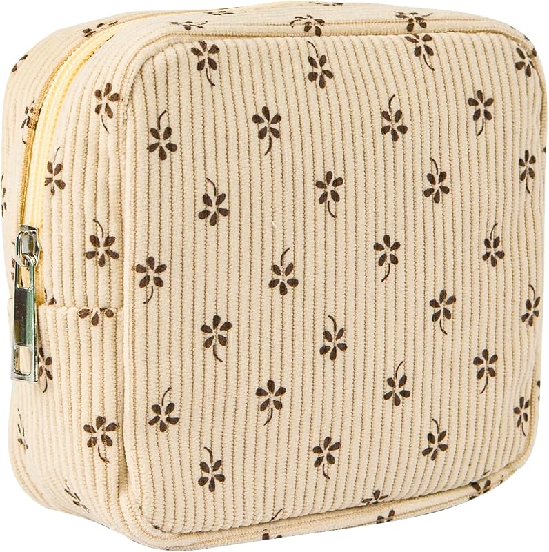 Necessaire pequena AMZMA de veludo cotelê com zíper, estampa Beige Small Flower