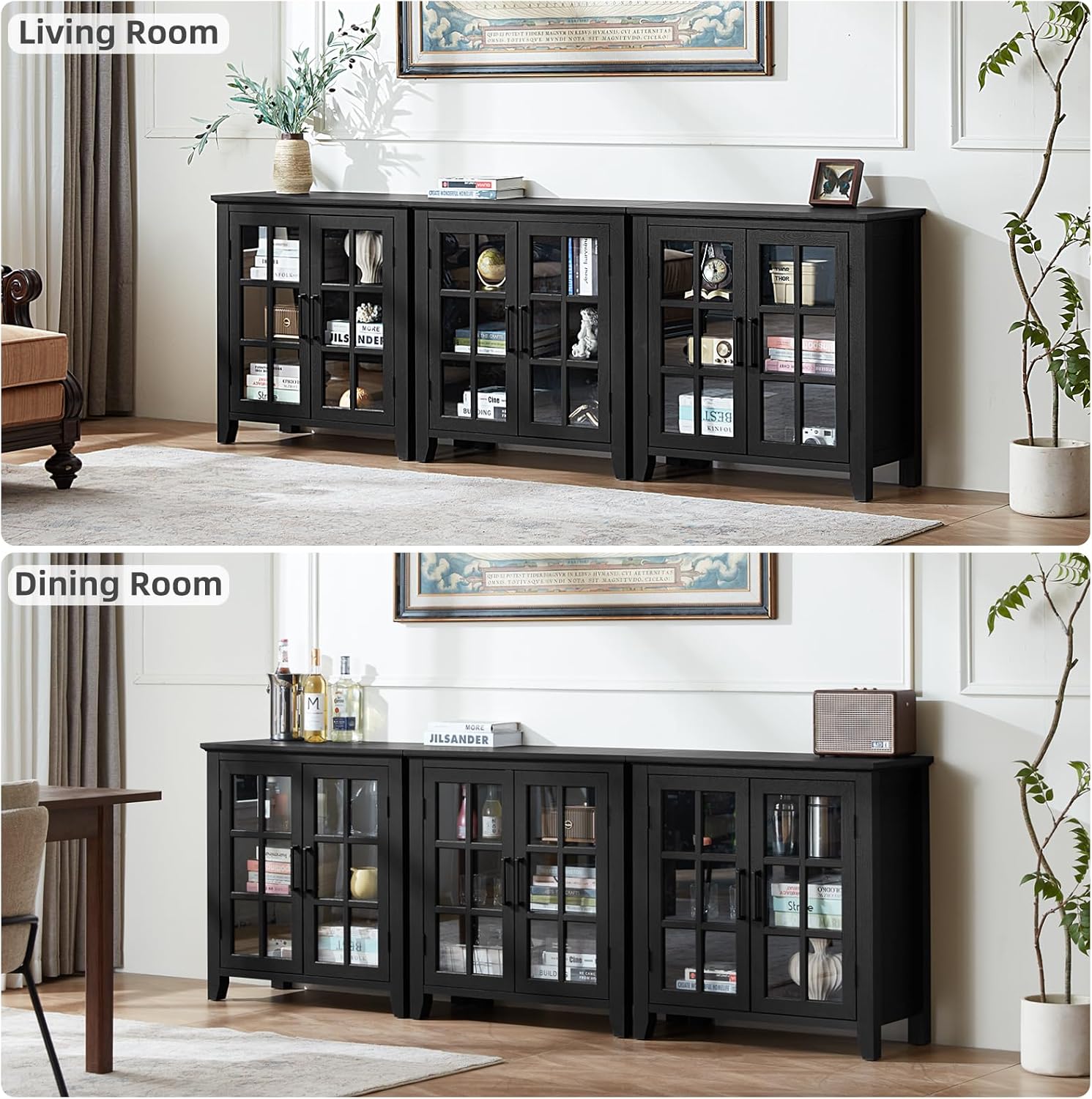 Joaxswe Large Sideboard Buffet Cabinet with Storage, 32" Farmhouse Kitchen Coffee Wine Bar Cabinet with 2 Glass Doors, Wood Mid Century Modern Side Board Table for Dining Room, Living Room, Black