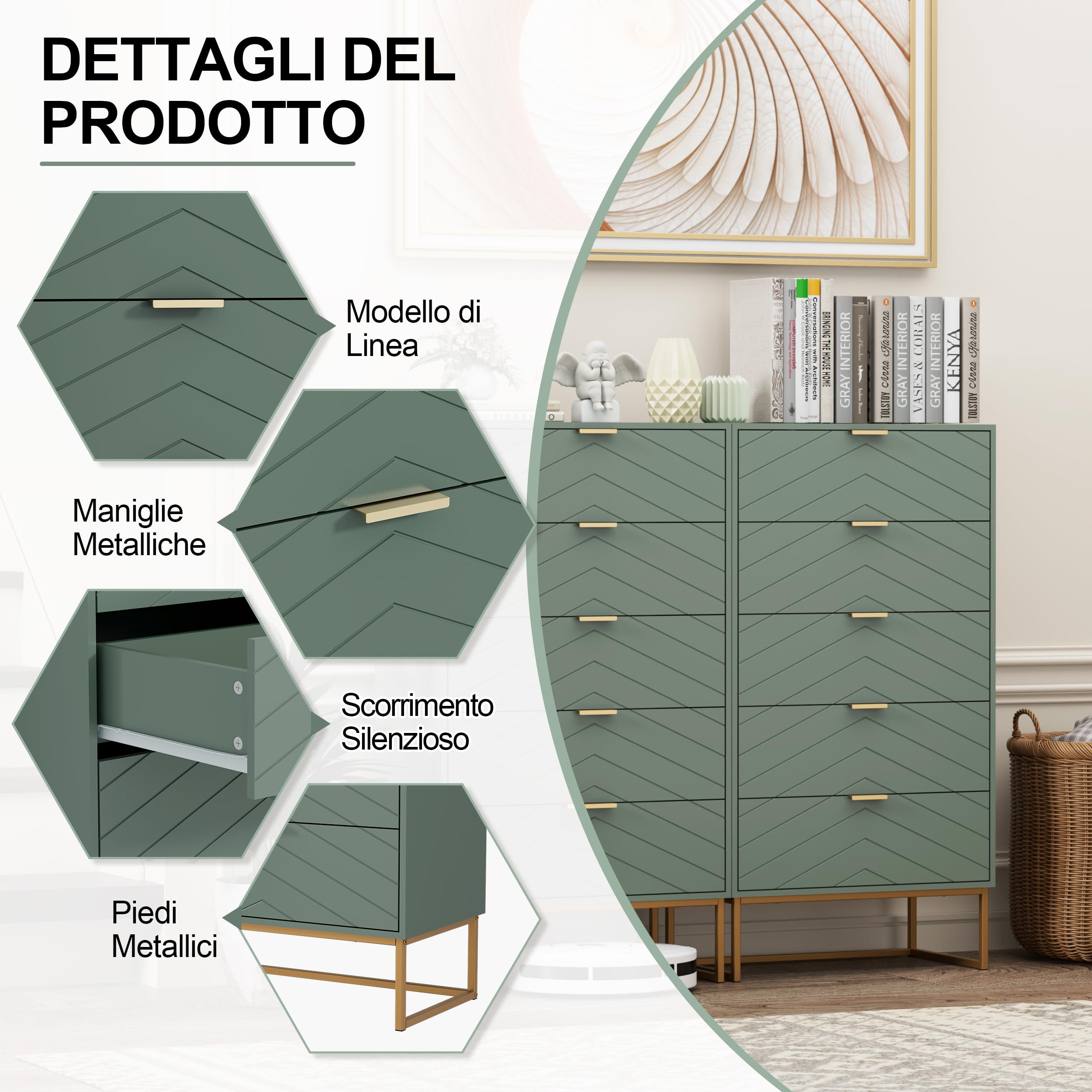UEV Cassettiera Camera da Letto, Settimino con 5 Cassetti e Motivo di Linea, Mobiletto Moderno e Pratico, Sicuro Design Antiribaltamento, 60x34x110cm, Verde