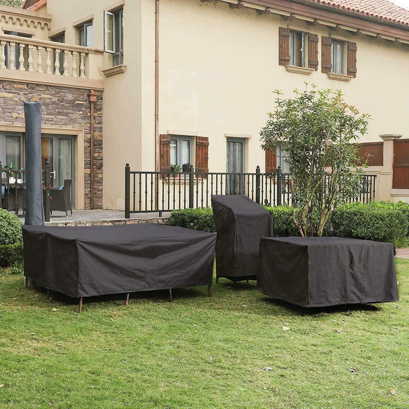 Copertura per mobili da esterno, 230 x 165 x 80 cm, impermeabile, con prese d'aria, in tessuto Oxford 420D, rettangolare, per sedie e sedie da giardino, beige e marrone