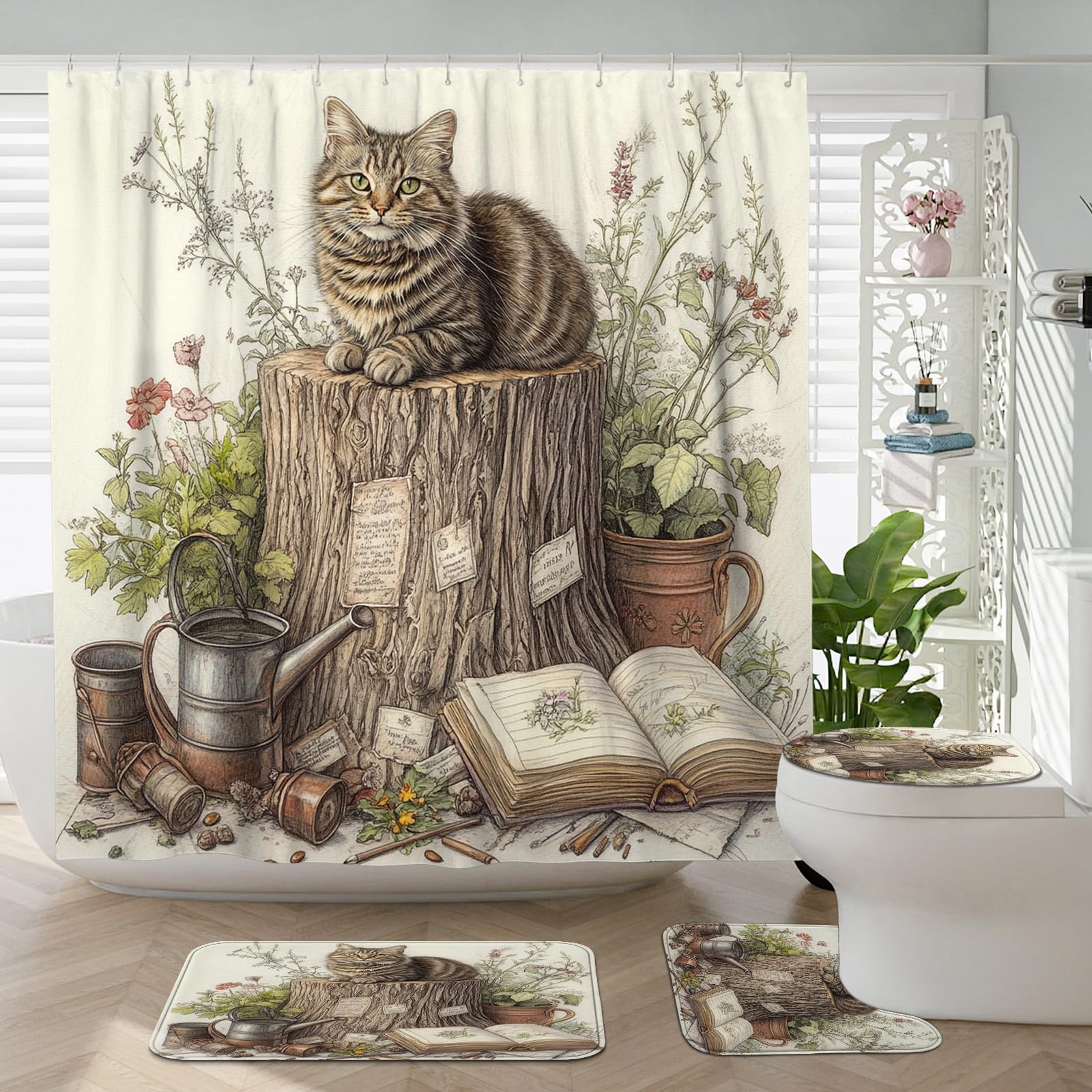 4PCS Cute Stump Cats Bathroom Accessory Sets with Non-Slip Rug, U Shape and Toilet Lid Cover Mat, Funny Flower Book Wildlife Bathroom Fabric Decor-72''x72''