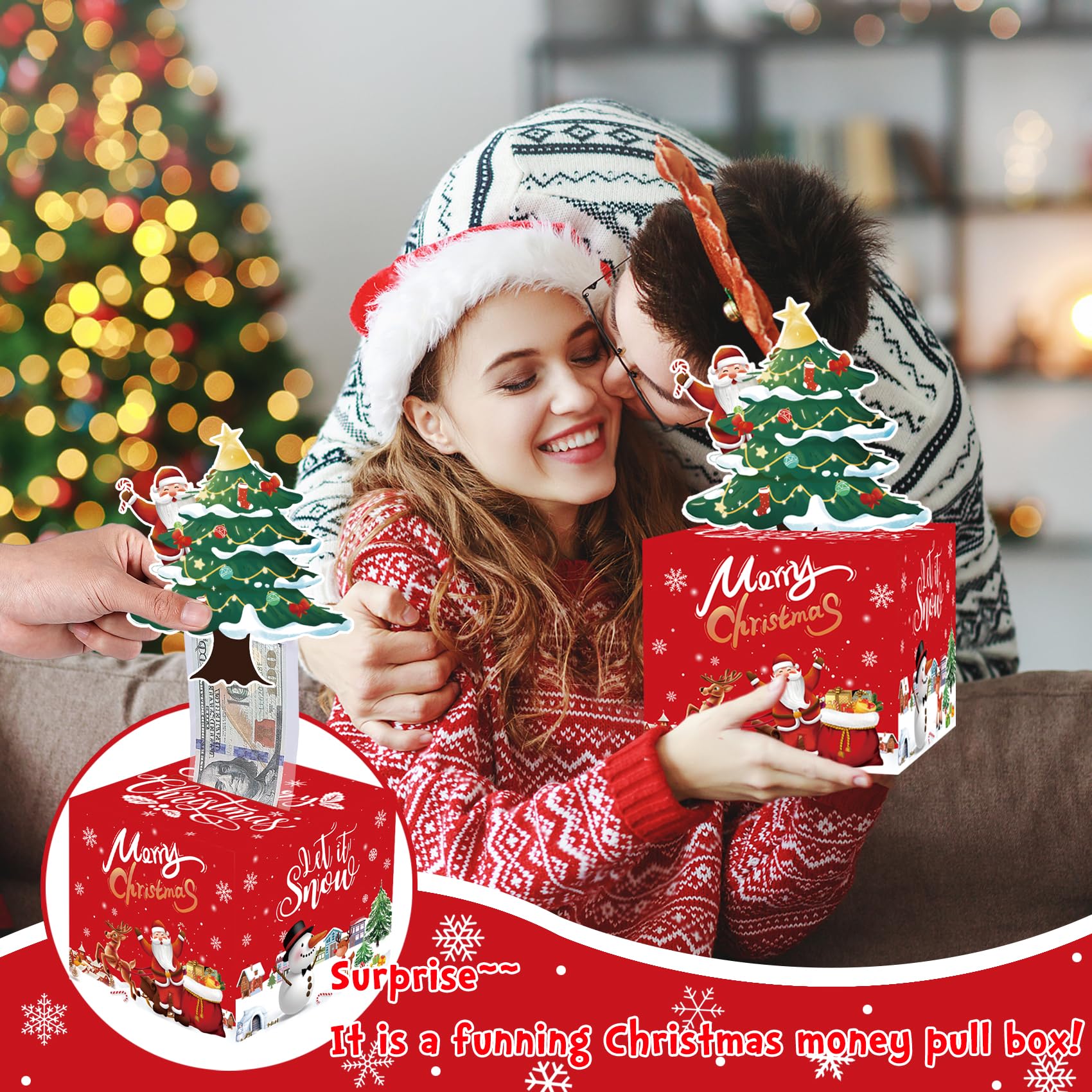 Meiidoshine Red Christmas Money Boxes for Cash Gift Pull, Surprise Money Holder Cash Gift for Kids Adults, DIY Fun Cash Box for Women Men Girls Boys Mom Dad Friends, Include 100Pcs Transparent Bags