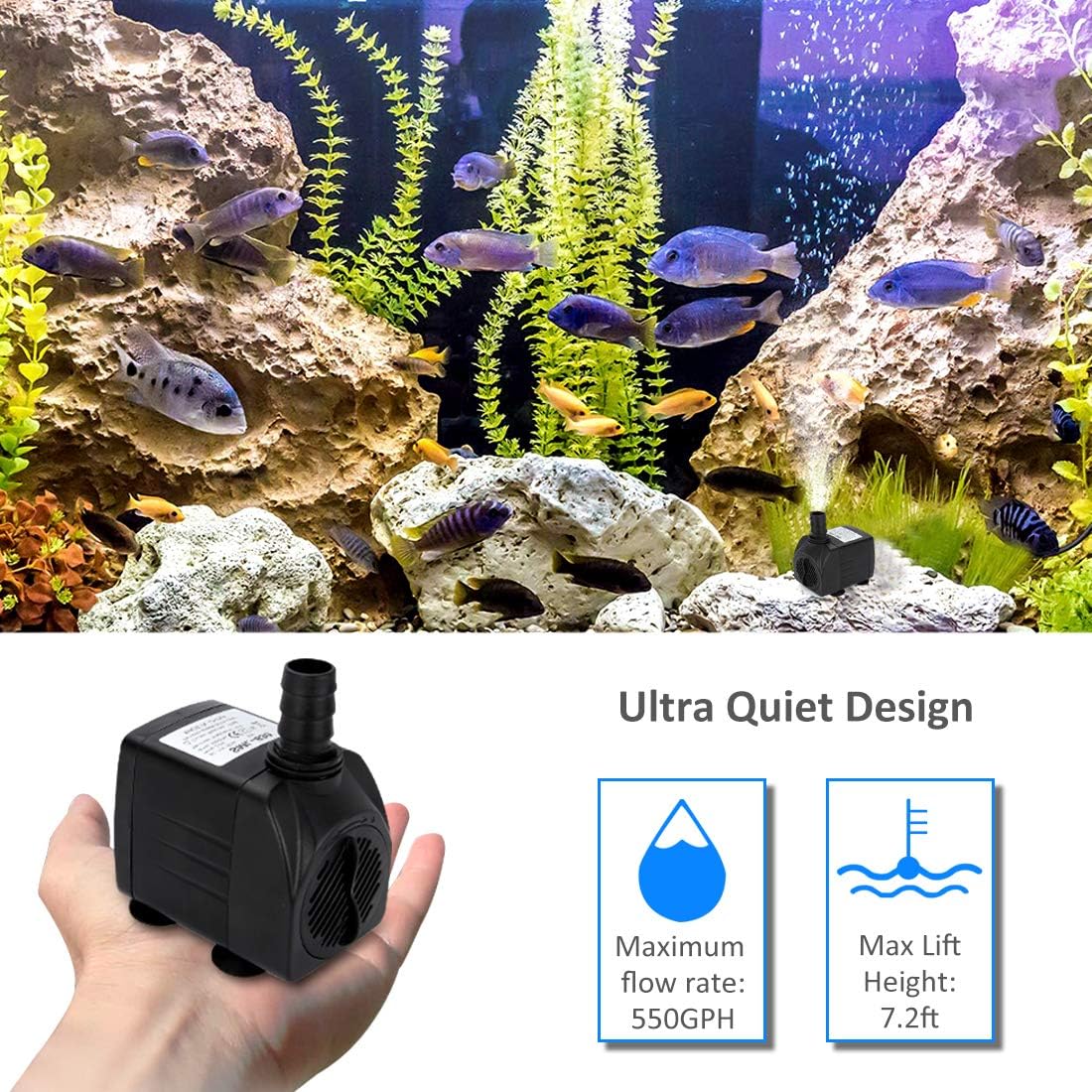 GROWNEER 550GPH Submersible Pump 30W Ultra Quiet Fountain Water Pump, 2000L/H, with 7.2ft High Lift, 3 Nozzles for Aquarium, Fish Tank, Pond, Hydroponics, Statuary : Pet Supplies