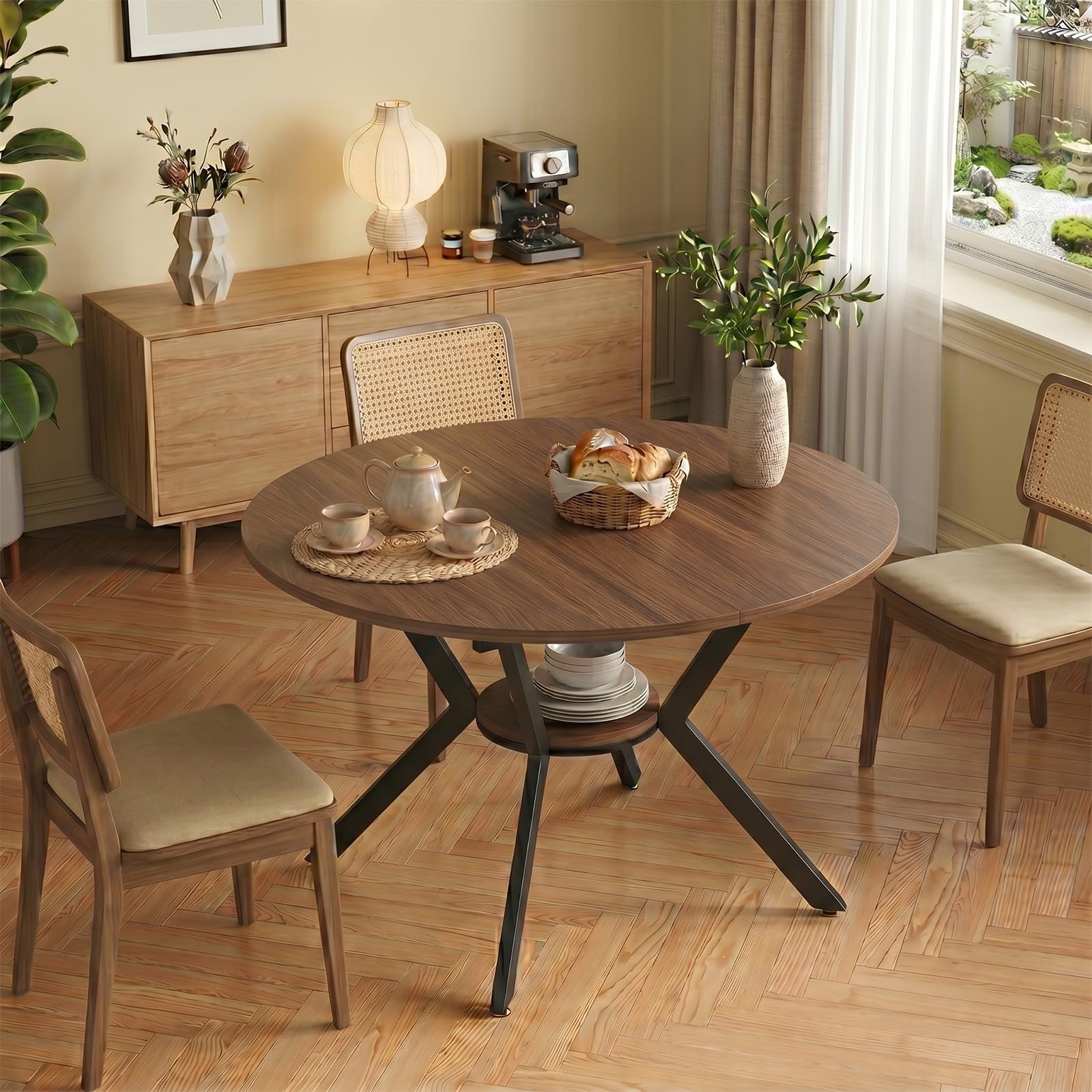 Mesa de comedor redonda extensible, 100 – 140 cm, redonda, mesa de cocina de madera, mesa de comedor ovalada con función telescópica, mesa de salón extensible con estantes abiertos para