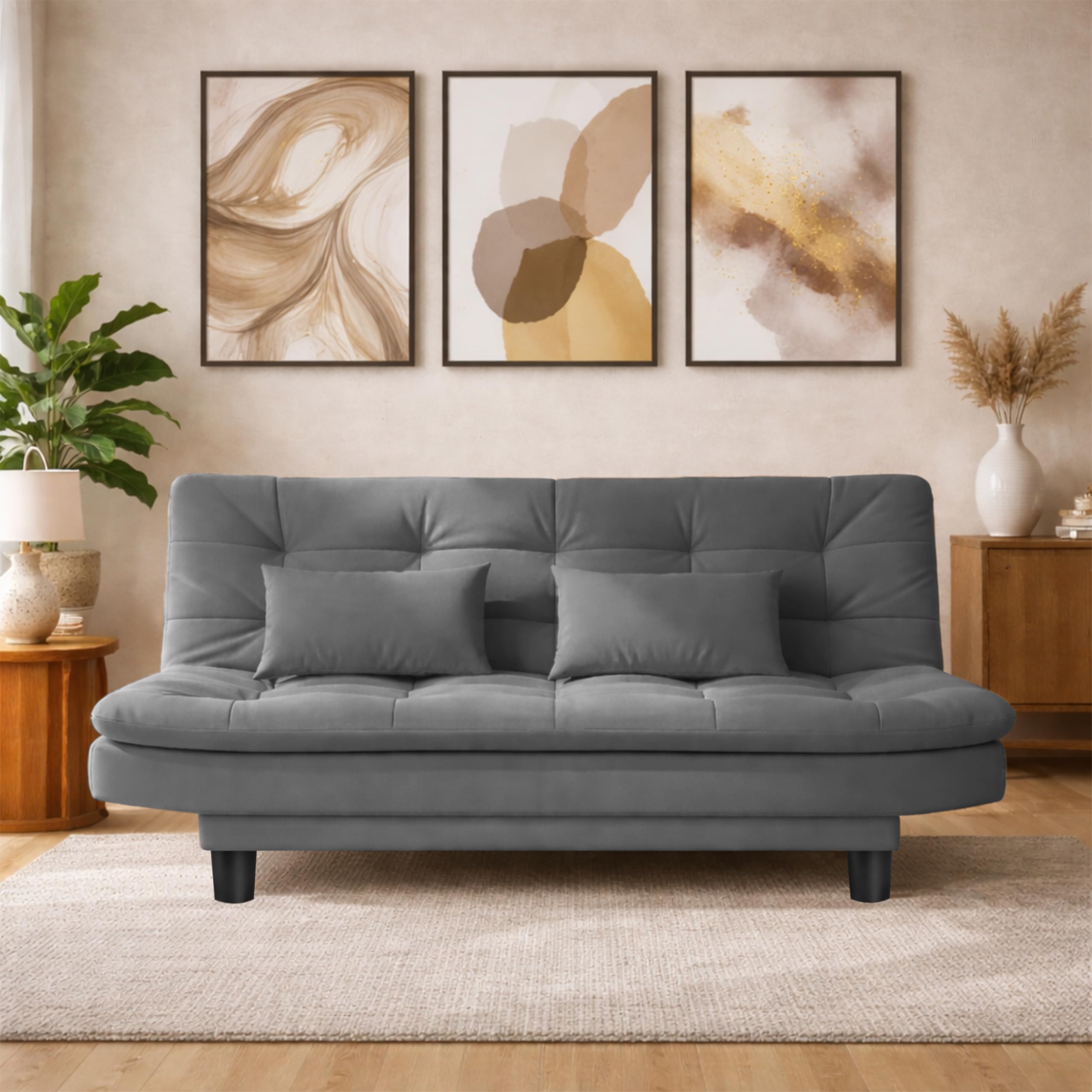 Ministry of Décor-Modern 3 Seater Sofa Cum Bed with Cushions, Foldable Convertible Couch, Velvet Fabric Sleeper Sofa for Living Room, Guest Room, Grey