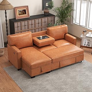 90” L Shaped Convertible Sleeper Sofa Bed, Pull Out Couch Bed with Cup Holders and USB Charging Port, Sectional Couch Reversible Chaise with Storage for Living Room Apartment, Brown
