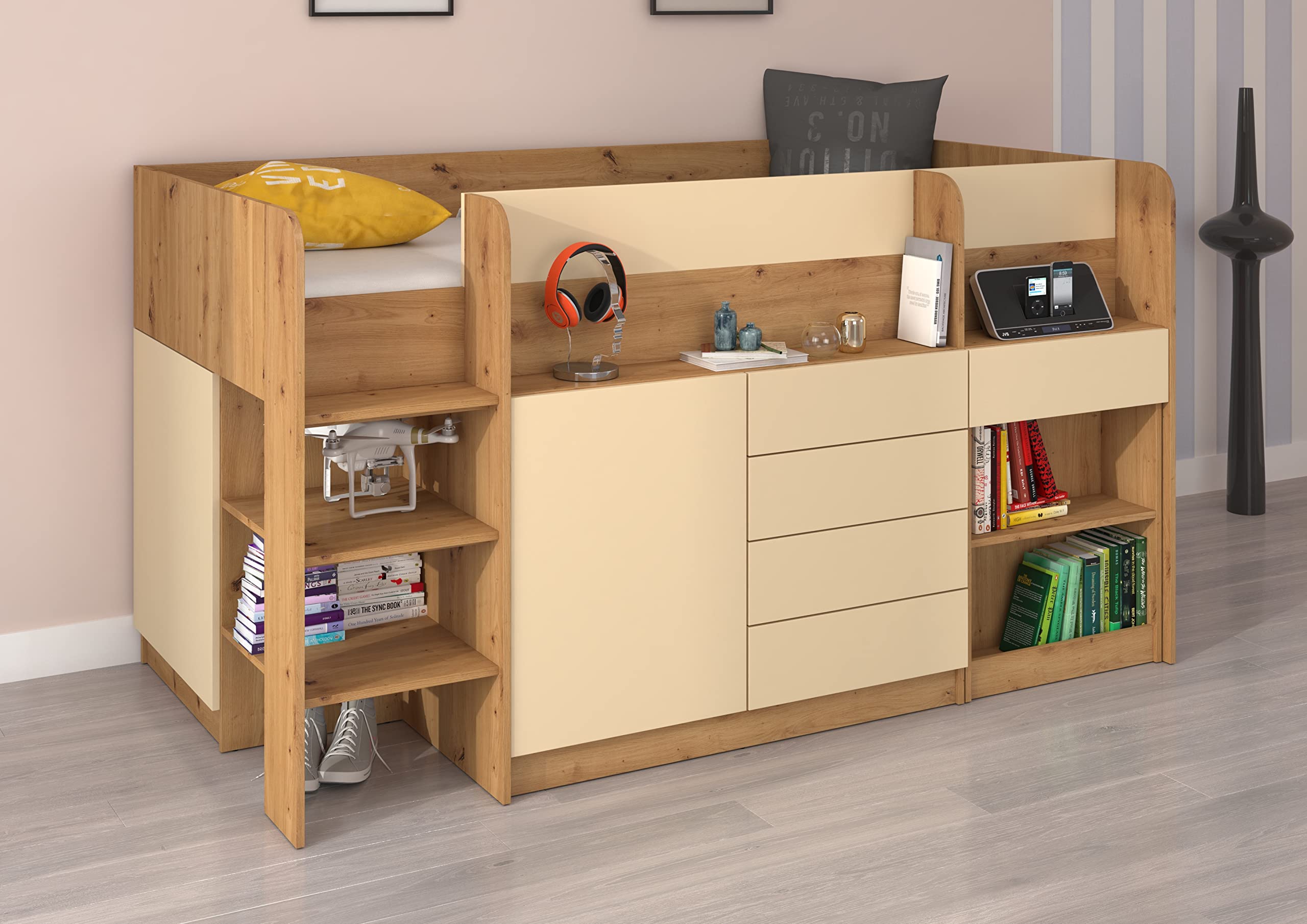 BIM Furniture Lit superposé Smile L - Meubles pour enfant - Ensemble de meubles pour une chambre d'enfant - Un lit avec bureau, étagères, tiroirs : côté gauche (chêne artisanal/crème)