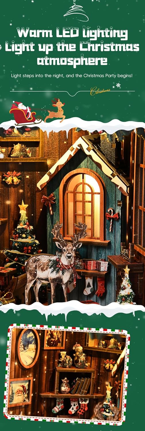 DIY Mini Book Nook Kit, Snow Realm Wei Pavilion 3D Wooden Puzzle with LED Lights, Christmas Themed Bookshelf Decor, 161 Pcs Adult Craft Model for Home & Gift