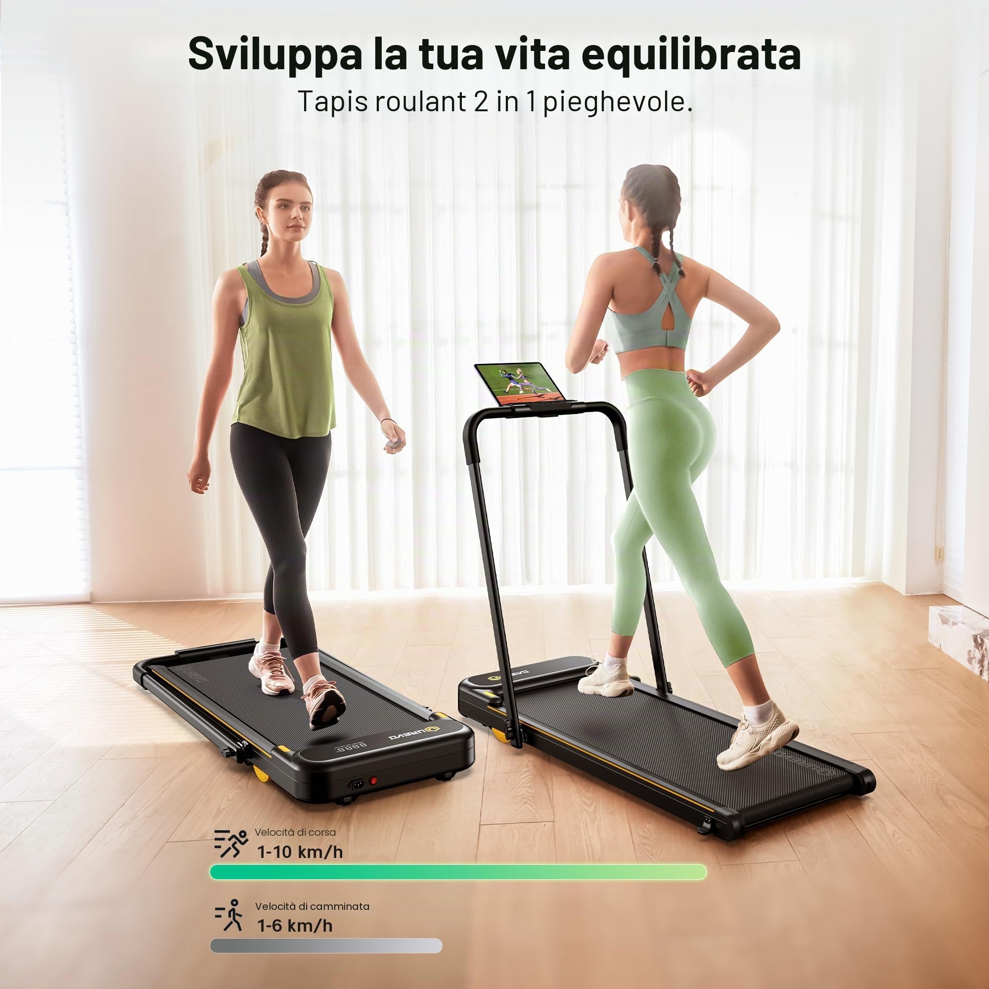 UREVO Tappetino da corsa pieghevole con APP,3 in 1 tappetino elettrico da passeggio 1 – 10 km/h, doppio ammortamento, con display a LED e telecomando Walking Pad pieghevole per ufficio e casa