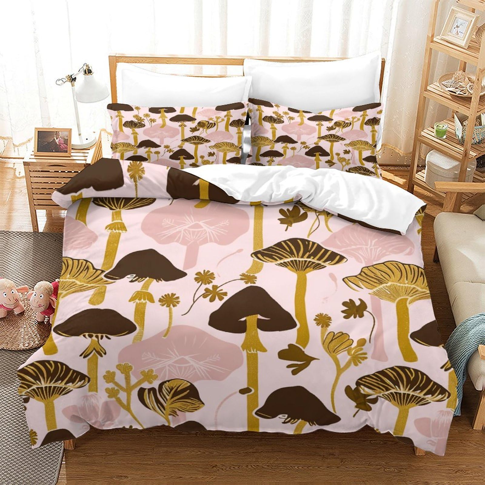 P1S9U7W5Y Botanical 3D Printed Mushroom Duvet Cover Set 3pcs Microfiber Forest Mushroom Bedding Set Double