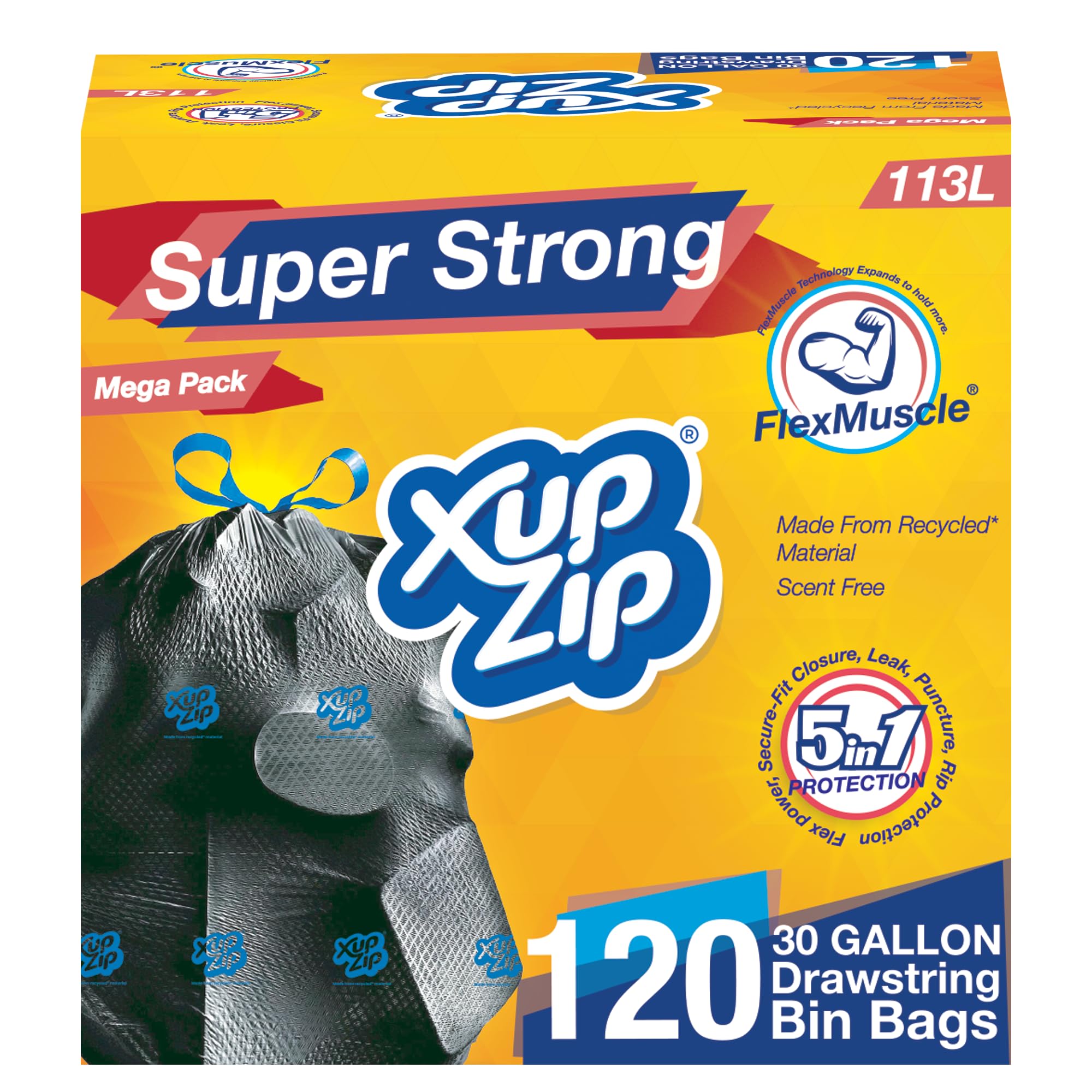 XupZip Drawstring Bin Bags - Large Bags 113L - 6 Rolls x 20 Heavy Duty Bags - Flex Power Trash Bags - Leakproof Garbage Bags - Easy Open Bin Bag - Made of Recycled Materials - Fits Standard UK Bins