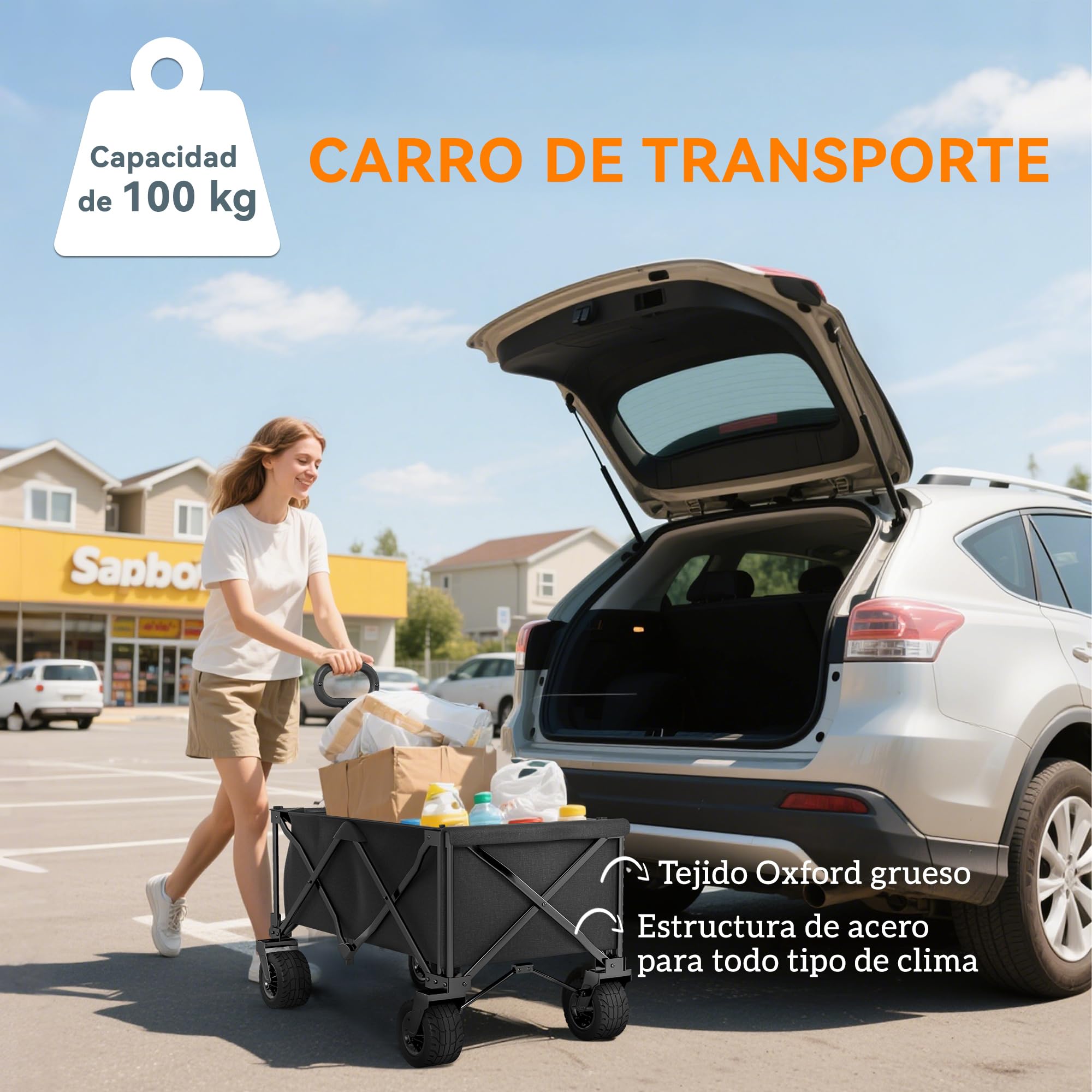 Outsunny Carro Playa Ruedas Grandes Carro de Jardín Plegable con Mango Ajustable Puerta Trasera Expandible Carga 100 kg Carrito Transporte para Todo Terreno Jardín Campaña Compra Negro