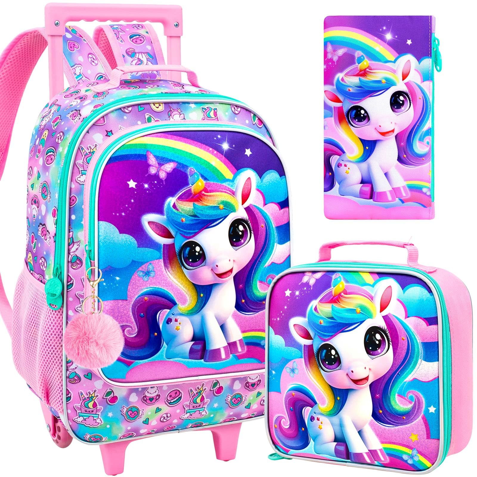 TXHVO 3PCS Rolling Backpack for Girls Boys, Kids Roller Wheeled Bookbag with Lunch Box, Backpacks with Wheels for Elementary