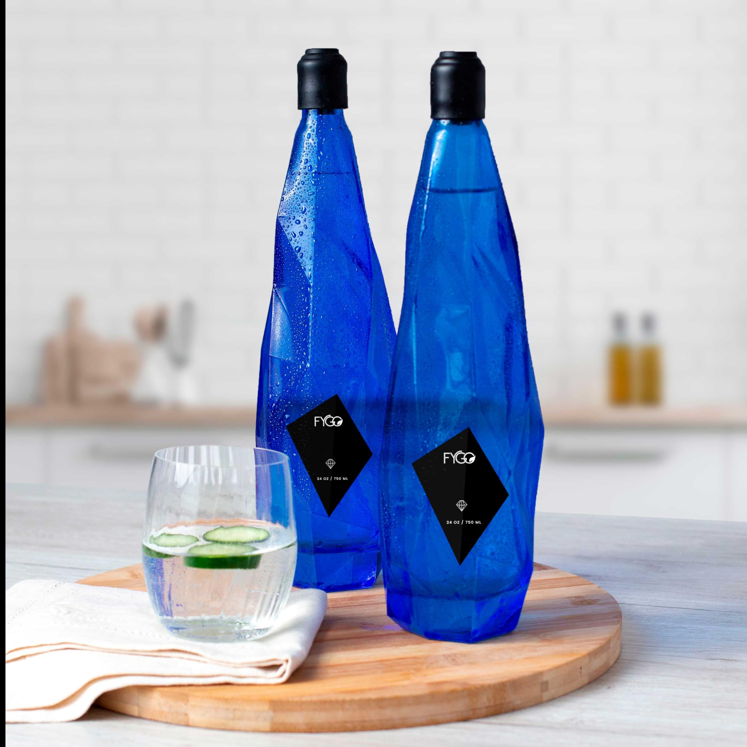 FYGO Set of 2 Diamond-Shaped Glass Bottles with Rubber Caps (Blue) – Includes 3 Blank Black Stickers, 3 Blank White Stickers, & 1 Funnel | Elegant, Leak-Proof, Reusable Bottles