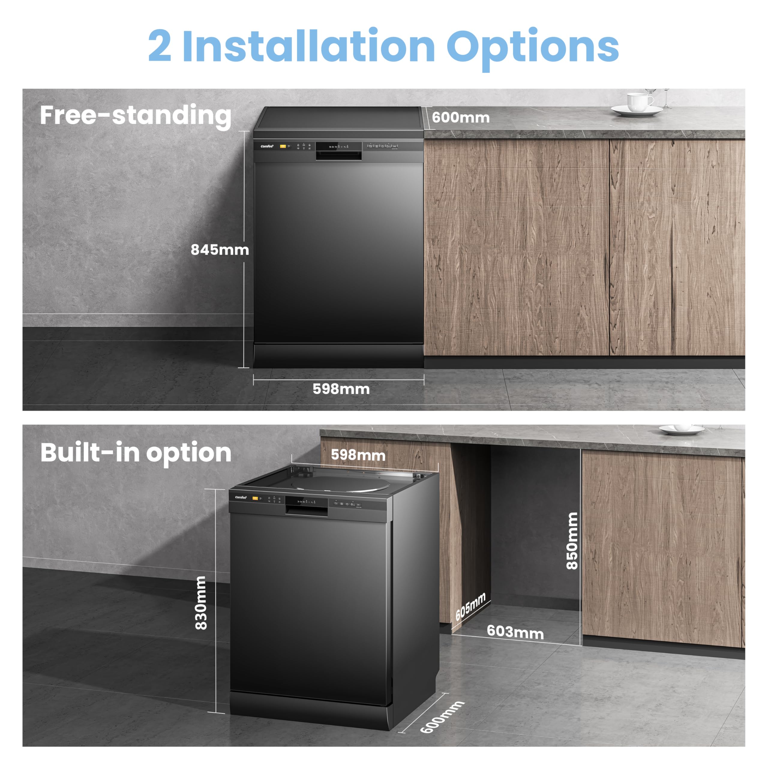 COMFEE' Dishwasher Freestanding with 13 Place Settings, New Upgraded Full Size Dishwasher 60cm Width, CDWPF1301PBD-UK, Auto Door Open Drying, Quick Wash, Hygiene Wash, Delay Start, Half Load -Black — view 5