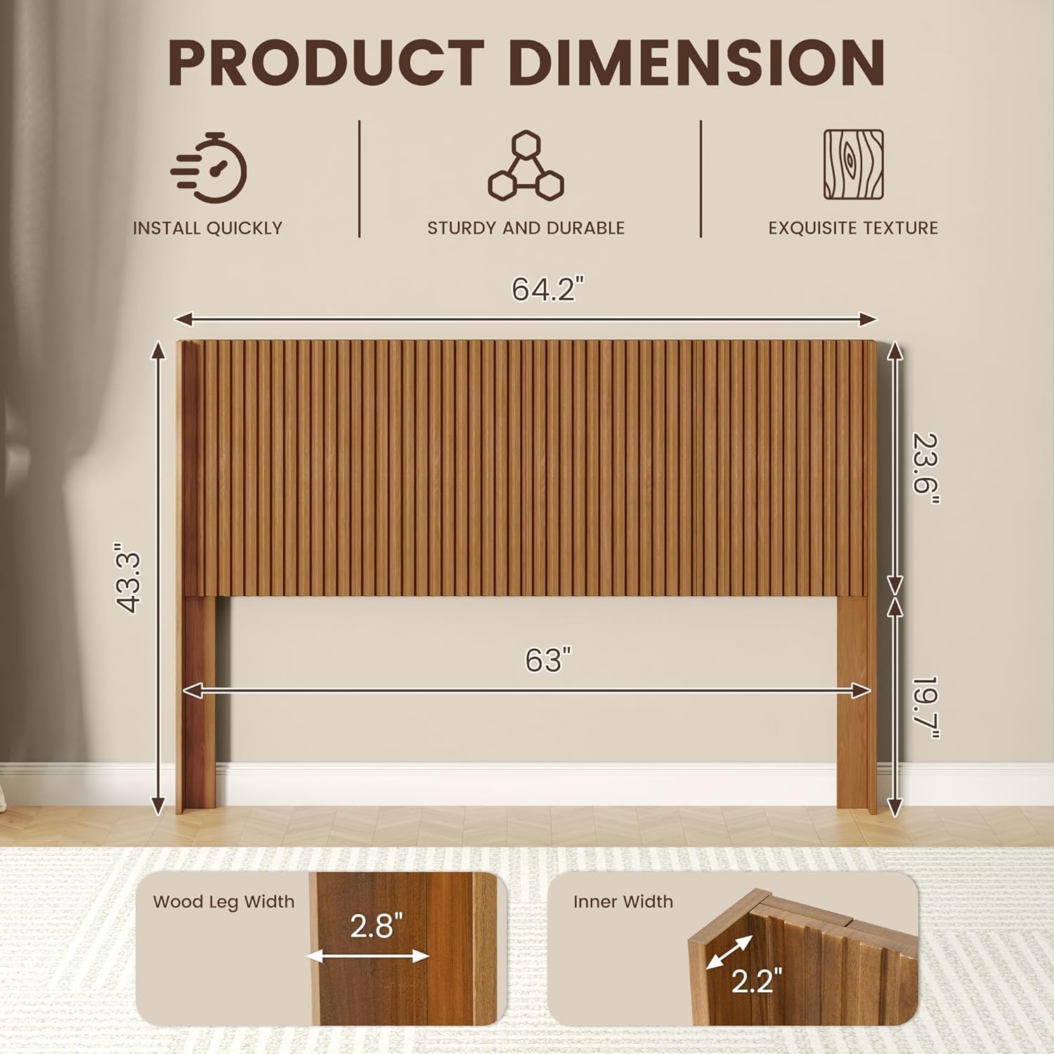 COCO DESIGN Queen Size Headboard Only, 64.3" Wide Headboard, Mid Century Modern Farmhouse Boho HeadBoard, Fluted Panel, Wall Mount, Wingback Design, Vintage Oak