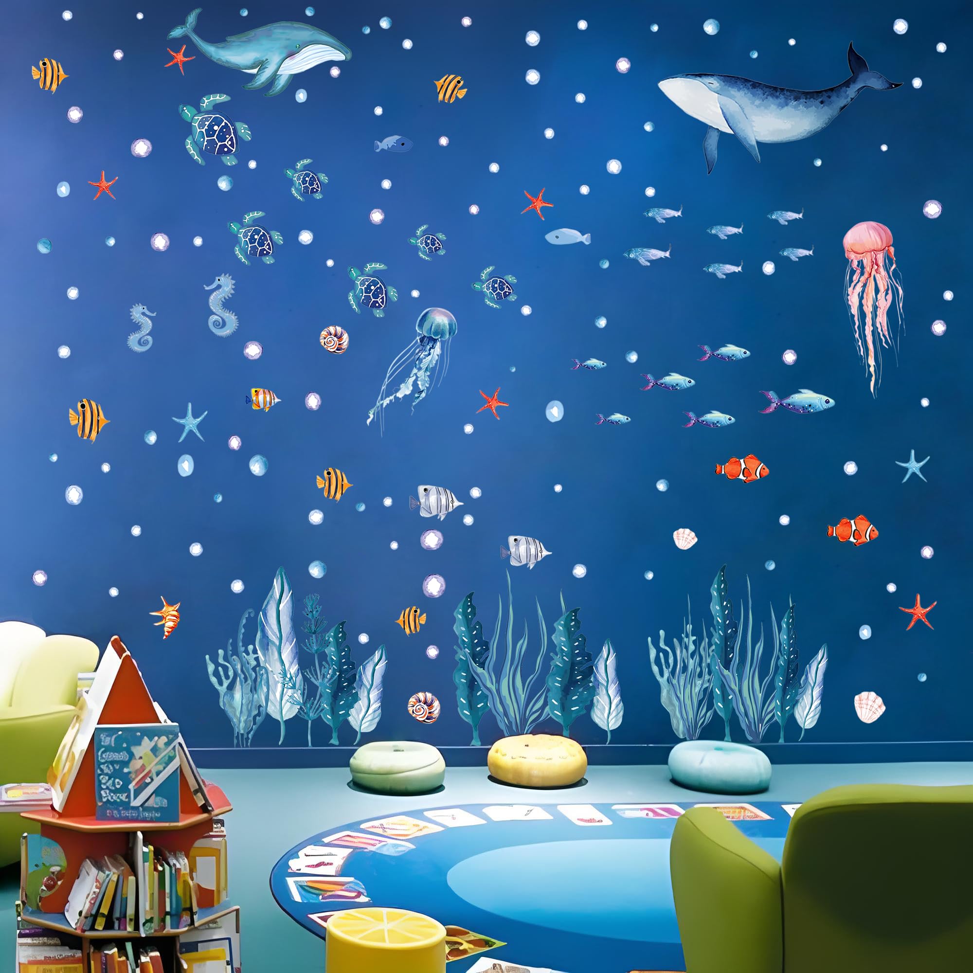 Naklejki ścienne ze zwierzętami z podwodnym światem dla dzieci, zabawna edukacyjna dekoracja z motywem oceanu, delfina, meduzy, żółwia i nie tylko, niebieskie życie morskie żłobek naklejki ścienne