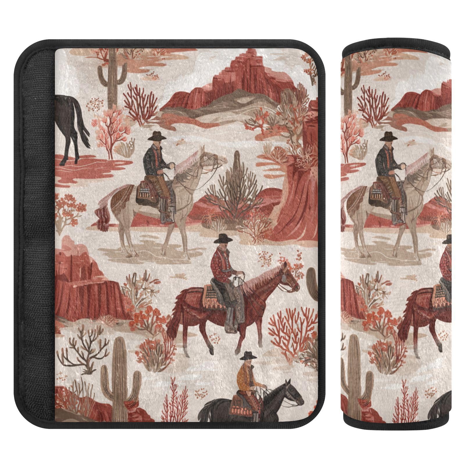 Vintage Cowboys on Horses Cactus Desert Seat Belt Cover Pad 2 Pcs Soft Cute Seatbelt Covers Protector Support Head Neck Shoulder Strap for Car Seats High Chair Backpack for Adults Kids Women Me