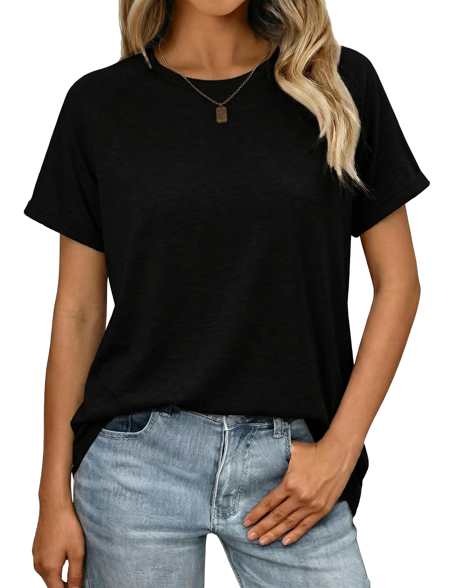 Litherday T-Shirt Damen Sommer Rundhals Casual Basic Tshirt Oberteile Einfarbig Elegant Kurzarm Tops Locker Lässig Baumwolle Shirt Business Outfit S-XXL