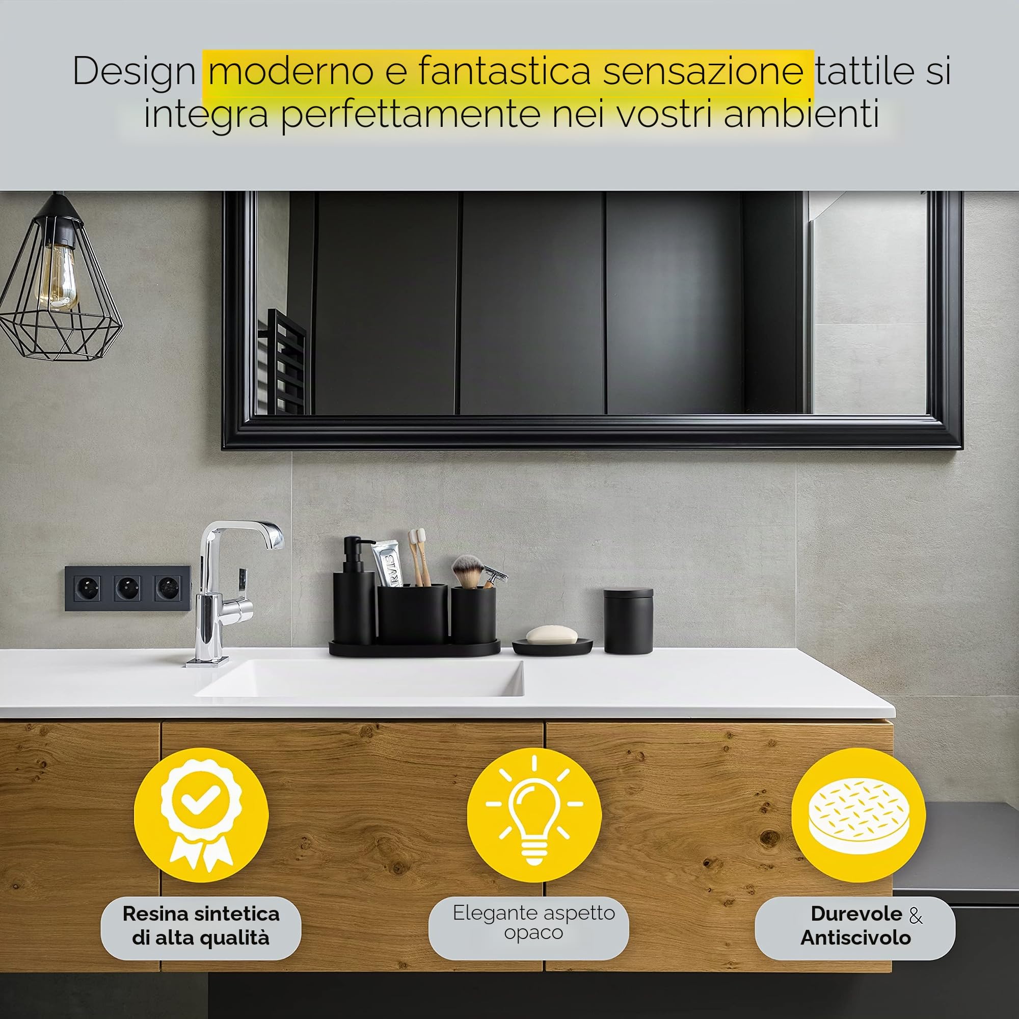 Set di accessori da bagno di alta qualità, 6 pezzi, nero opaco, come organizer per il bagno e decorazione, dispenser per sapone, contenitore per riporre i bicchieri, accessori da bagno