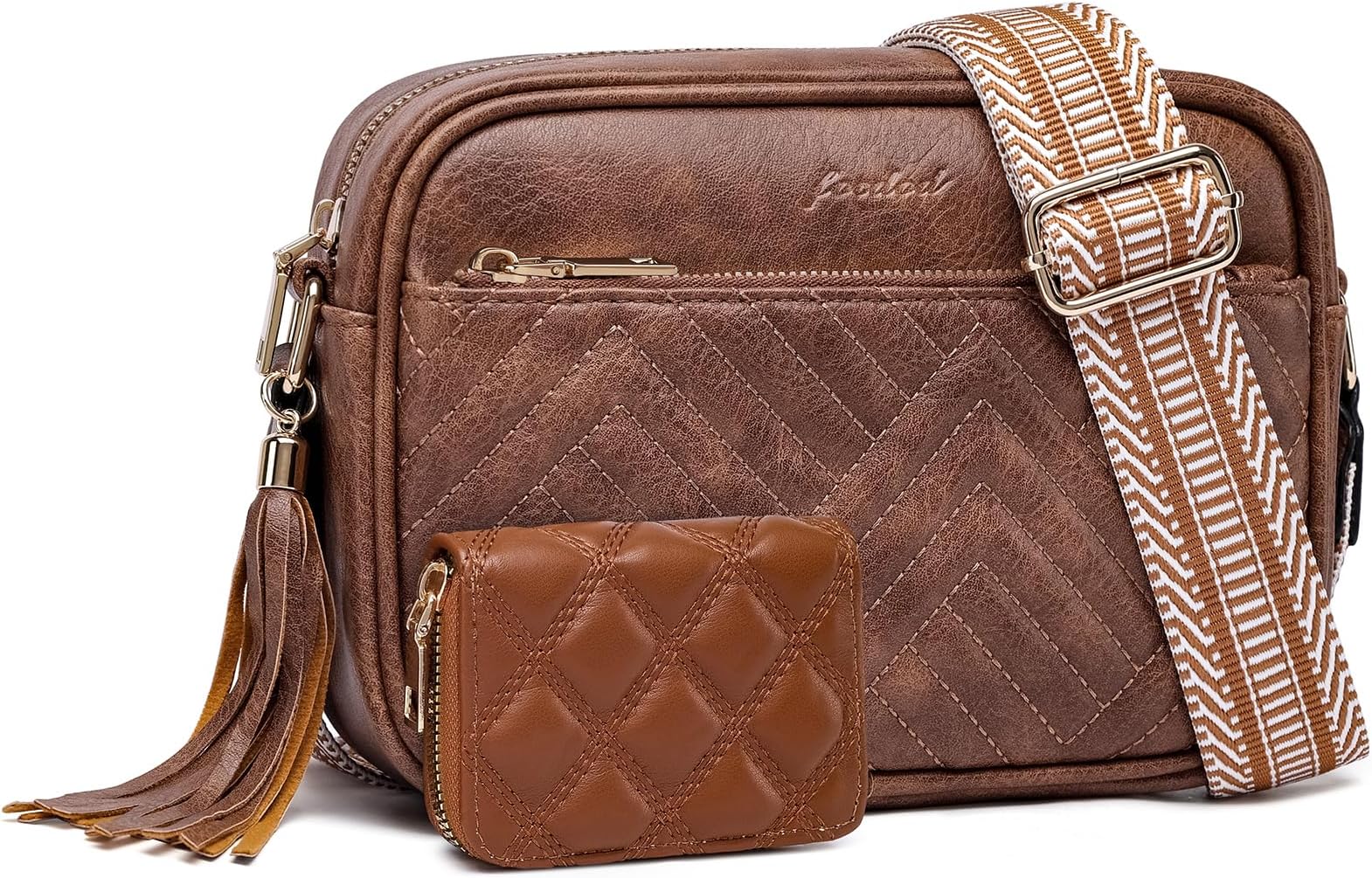 Crossbody Bags for Women Shoulder Handbags: Quilted Wallet Set Vegan Leather Purses with Tassel Adjustable Guitar Wide Strap