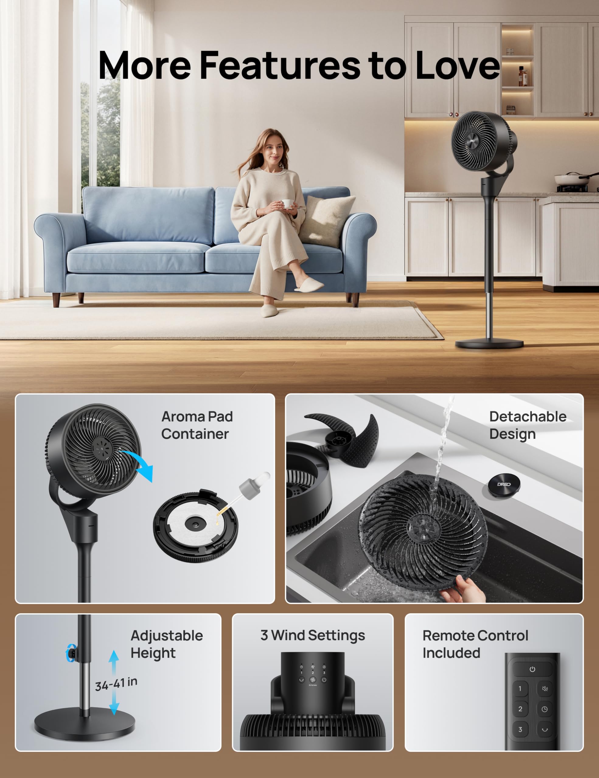 DREO Ventilatore a Piantana Silenzioso 25dB, Oscillazione Orizzontale Automatica 80°, 3 Velocità, Portata fino a 24m, Potente con Telecomando, Inclinazione Verticale Manuale 90°, Timer 6 Ore