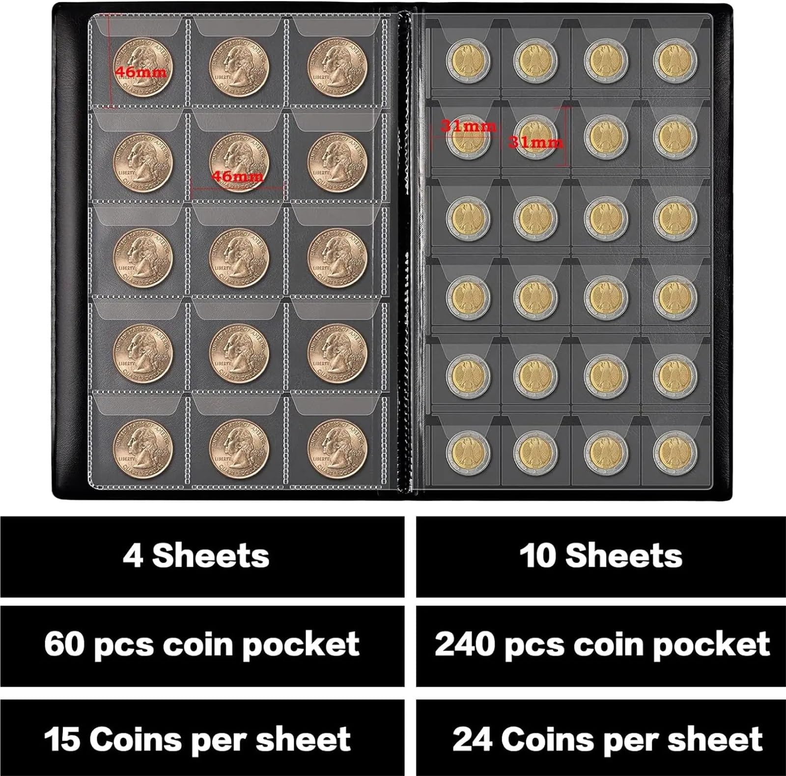 Album Monedas Coin Collection Book Holder Album for Collectors, 300 Pockets Coins Display Storage Case, Collecting Sleeves Organizer Box(Blue)