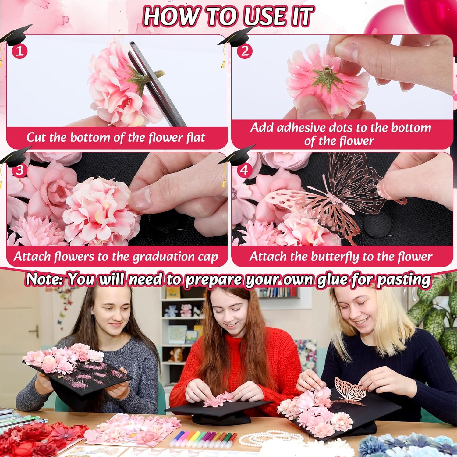 Gersoniel 180 Pcs Graduation Cap Decorations Kit 4 Adjustable Grad Cap, Faux Flower Heads 3D Butterfly Pearl Beads Glitter Glue Totes Bag for 2026 Graduation Dress Grad Hats Topper Party Craft DIY