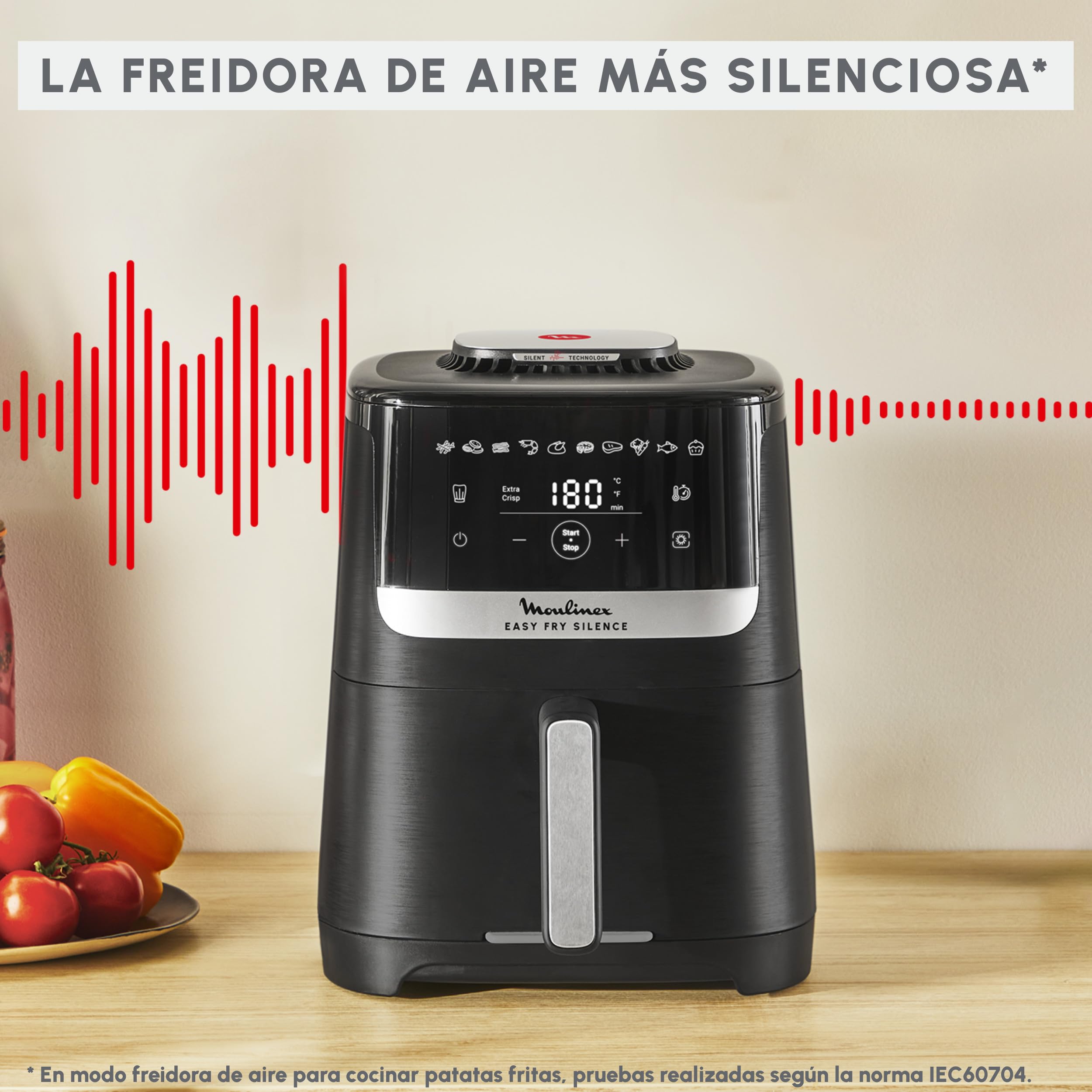 Moulinex Easy Fry Silence, freidora de aire, Cesta de Almacenaje 5L, Tecnología Silenciosa, Sistema de Limpieza y Almacenamiento Fácil, 10 programas, Negra, EZ5528F0