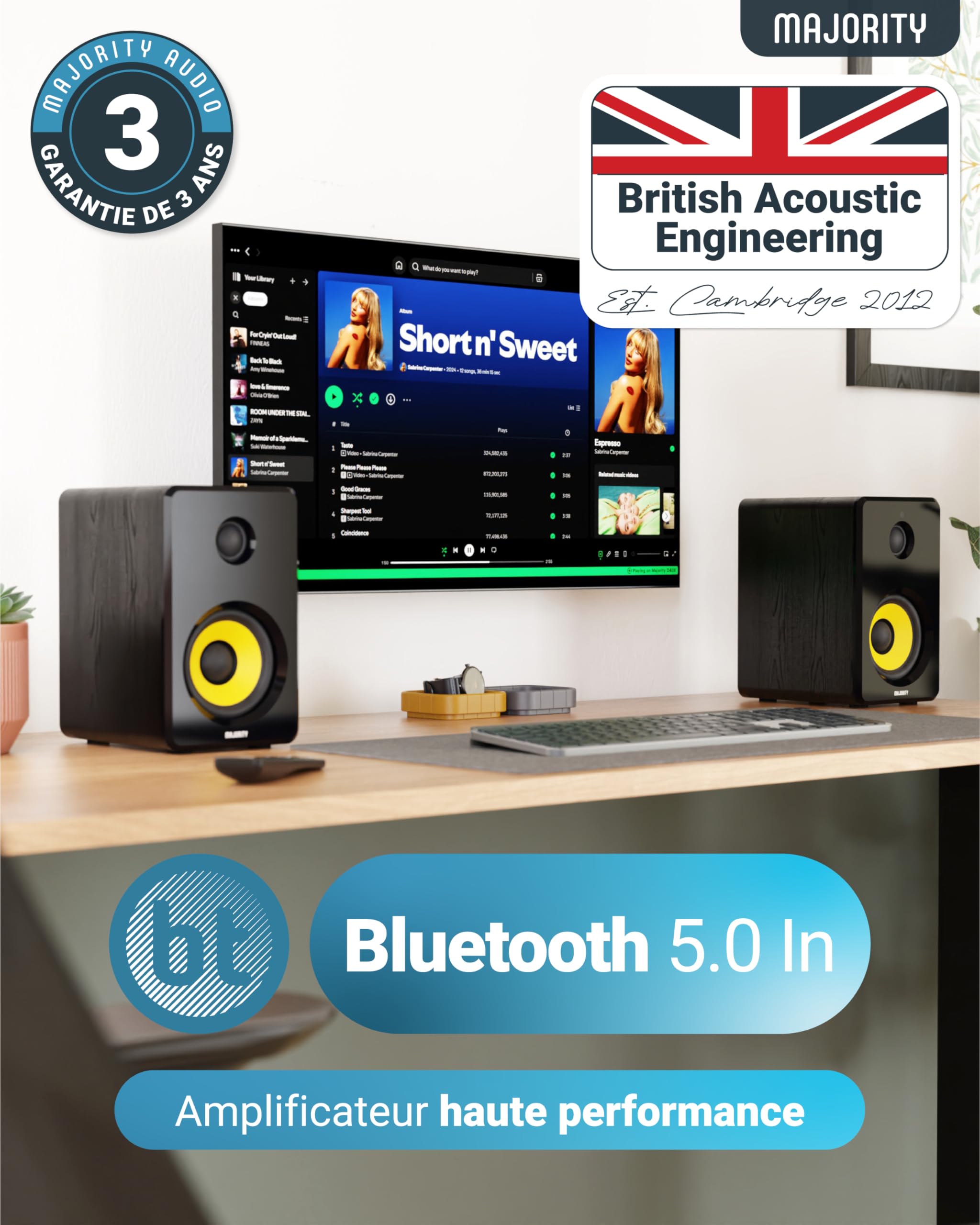 Majority D40X Enceinte Active Amplifiée | 70W 2.0 Enceintes Bibliotheques | Enceinte PC Bluetooth | Enceintes Monitoring Studio Cônes en Kevlar Jaune | HiFi Packs d'enceintes pour Platine Vinyle