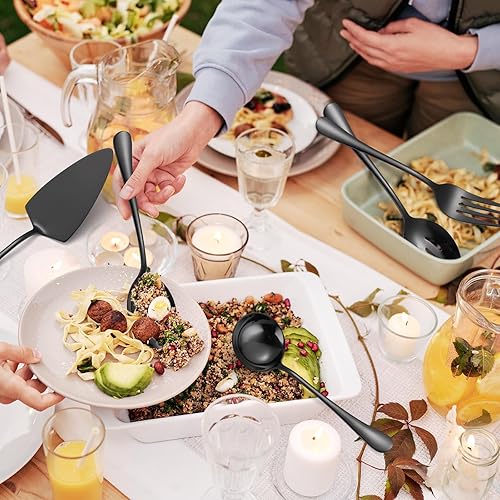 Miniatura 8 de HOUSEWAR - Juego de cubiertos negros de 7 piezas de acero inoxidable, utensilios de catering que incluyen cucharón de sopa, cuchara ranurada grande,