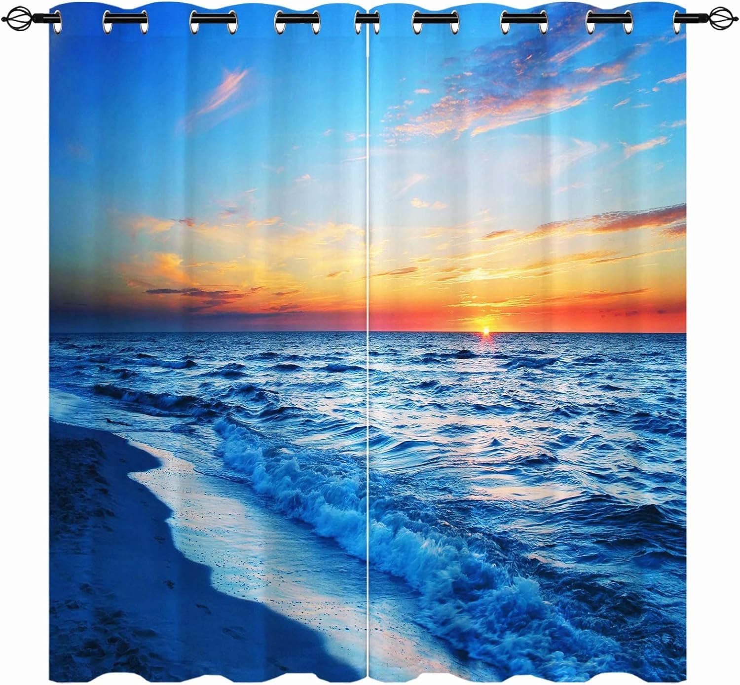YUANZU Sunset Sea Waves Curtains W42 x L63 Inch Grommet Beach Ocean Tropical Hawaiian Scenery Print Pattern Waterproof Fabric Window Drapes for