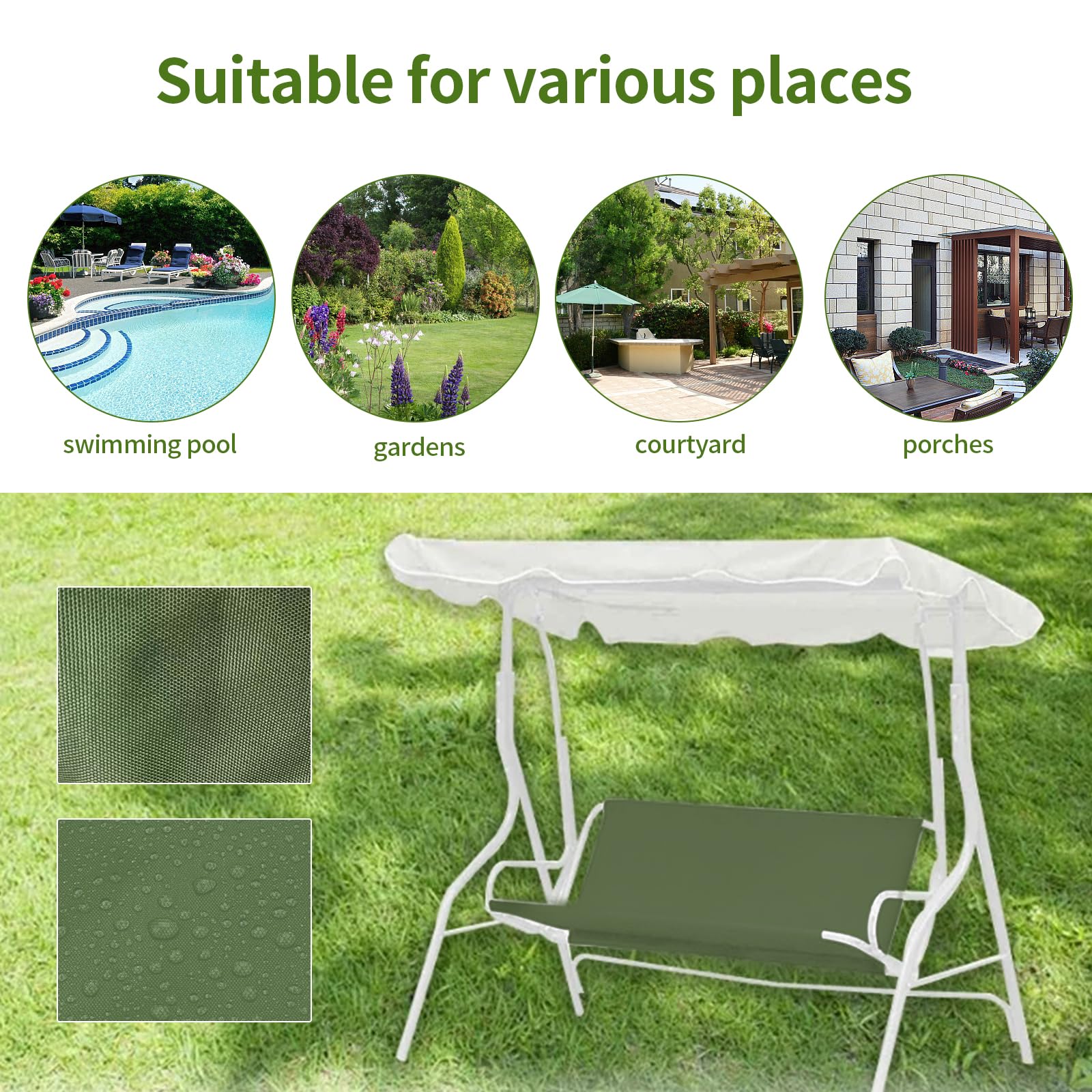 Housse de siège de balançoire de jardin, housse de rechange de chaise de jardin, housse de siège de rechange pour balancelle hollywoodienne, tissu Oxford 900D, pour l'extérieur 2 et 3 places (vert