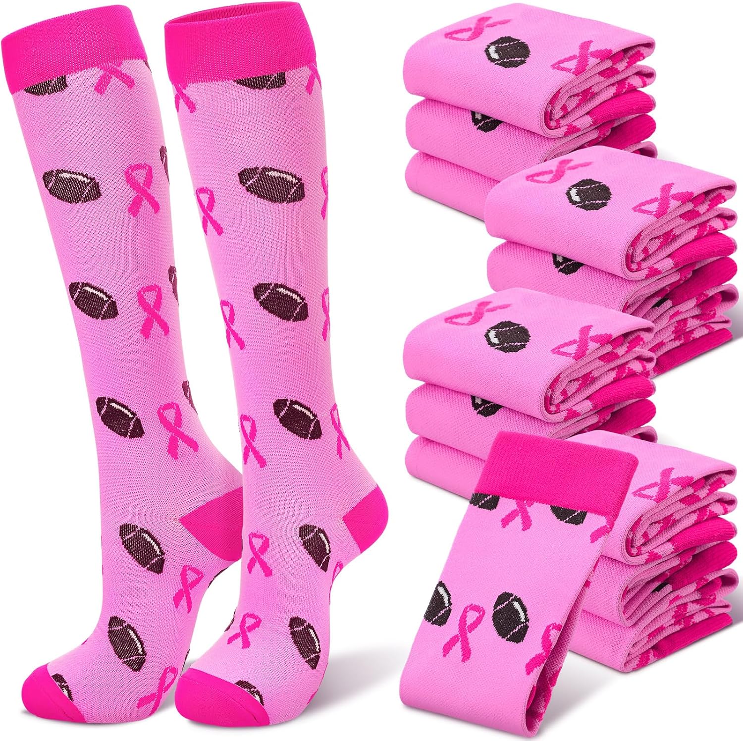 Funtery 12 Pair Breast Cancer Awareness Socks Women Pink Ribbon Football Socks Bulk for Pink out Football Volleyball Softball