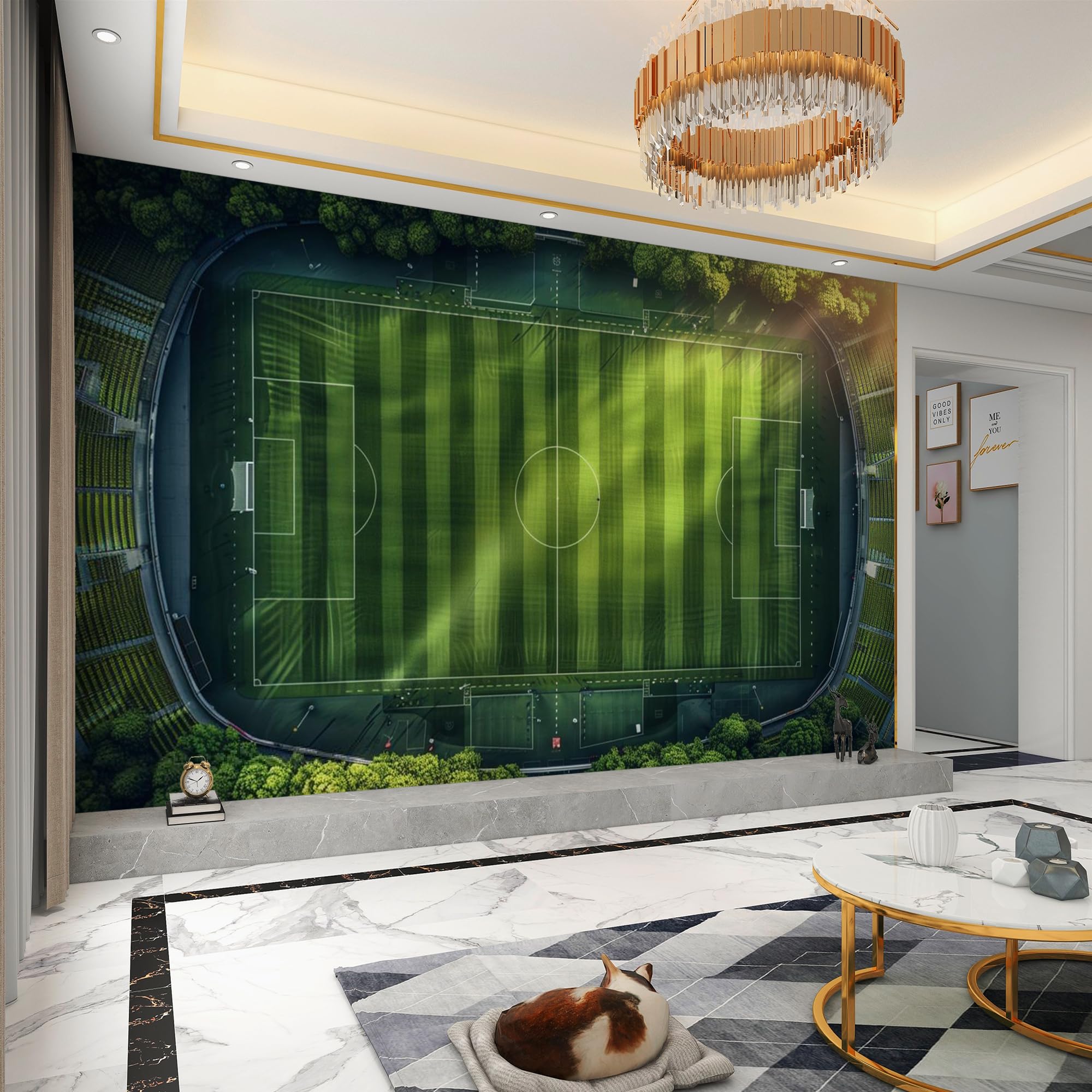 Mural de pared decorativo 300 x 210(WxH) Campo De Fútbol Decorativos Pared Papel Pintado no tejido Verde Paisaje para pared destacada de dormitorio, salón y fondo de TV2M596