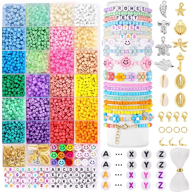 Funtopia 4mm Seed Beads for Jewelry Making, 4000Pcs 6/0 Small Glass Beads for Bracelet Making Kit; Bracelet Beads with Letter Beads & Smiley Beads for DIY Craft Supplies Christmas Birthday Gifts