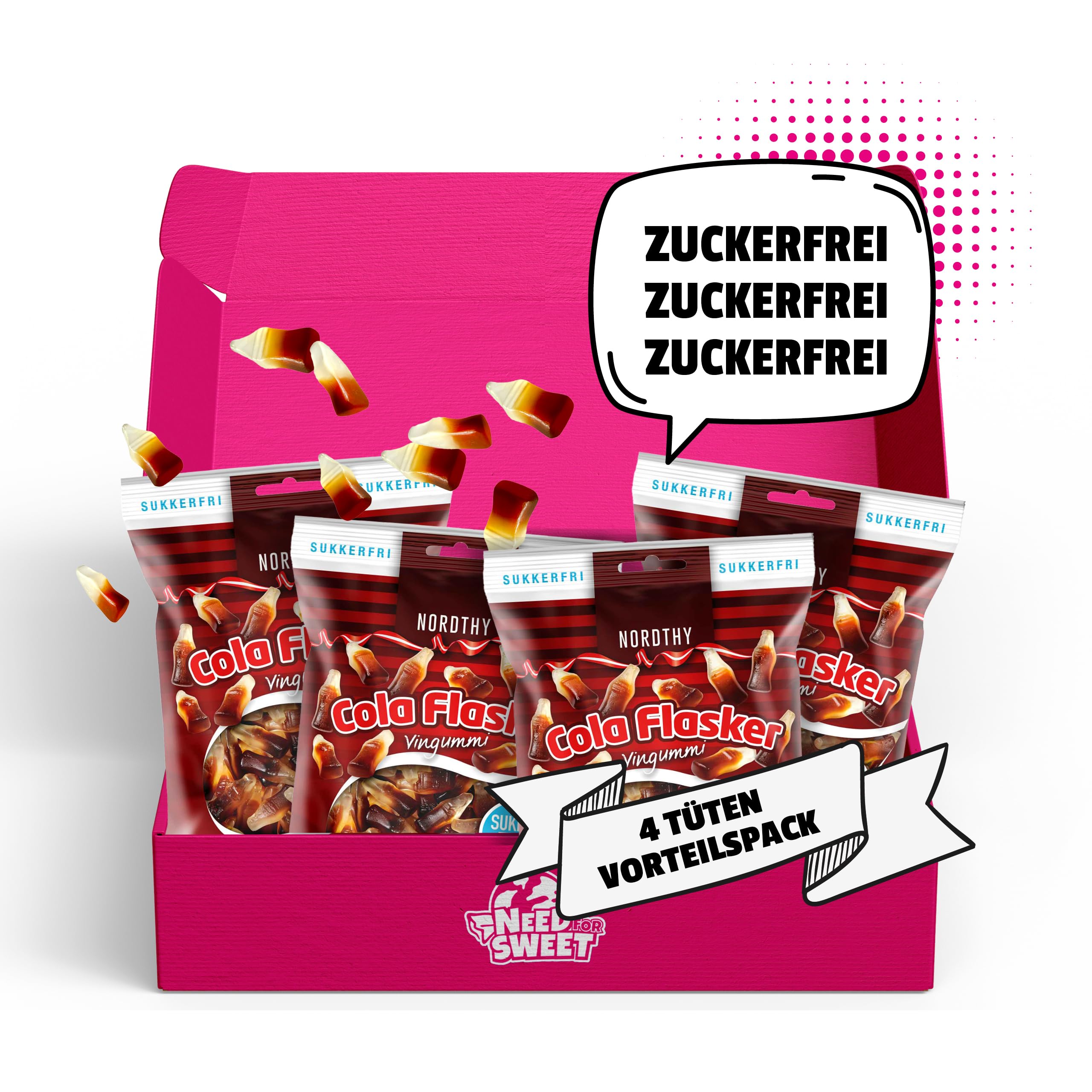 Nordthy Zuckerfreie Colaflaschen Süßigkeit 4 x 80g (320g) – Original Dänisches Weingummi/Fruchtgummi ohne Zucker – Low Calorie Gummibärchen – Gesunder Snack & Ideale Diabetiker Süssigkeit