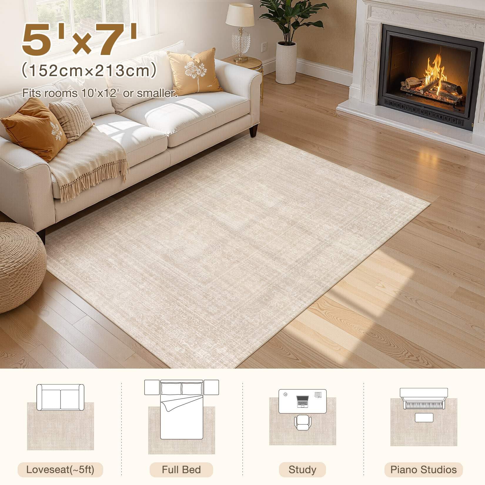5x7 Area Rugs Living Room: Washable Large Vintage Beige Rug Neutral Non-Slip Soft Stain Resistant Indoor Carpet for Bedroom Nursery Dining Room Under Table Bed Home House Office Playroom — view 4