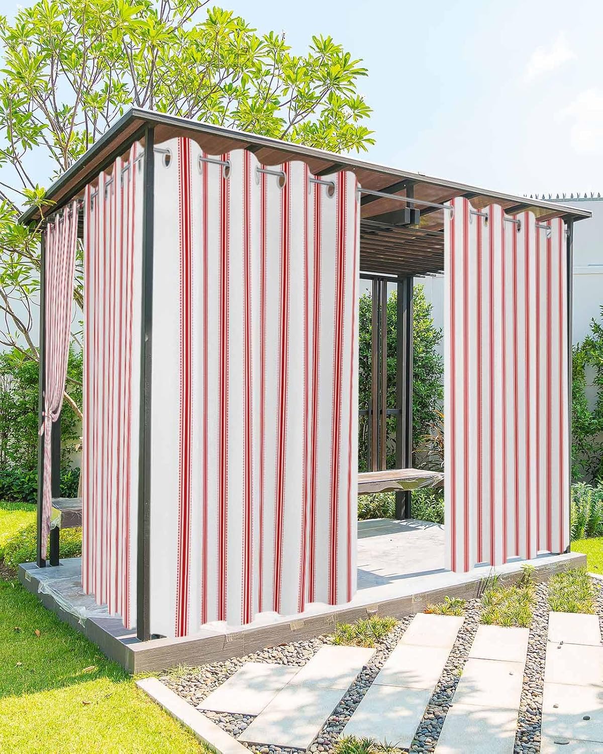 Outdoor Curtains for Patio Waterproof, Red Striped Windproof Pravicy Outside Porch Blackout Curtain, Red White Stripes Farmhouse Sun Blocking Grommets Curtains for Cabana Gazebo 2 Panels 54"x84"