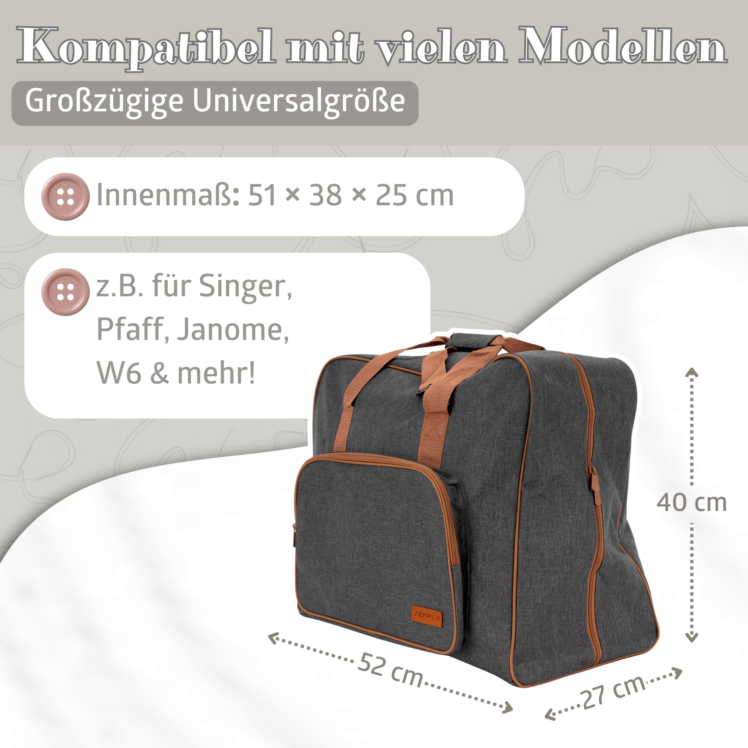 SEMPLIX Nähmaschinentasche XL – Große Transporttasche für Haushaltsnähmaschinen, Stabiler Boden, viel Stauraum, Tragegriffe anthrazit/braun (52 x 40 x 27 cm)