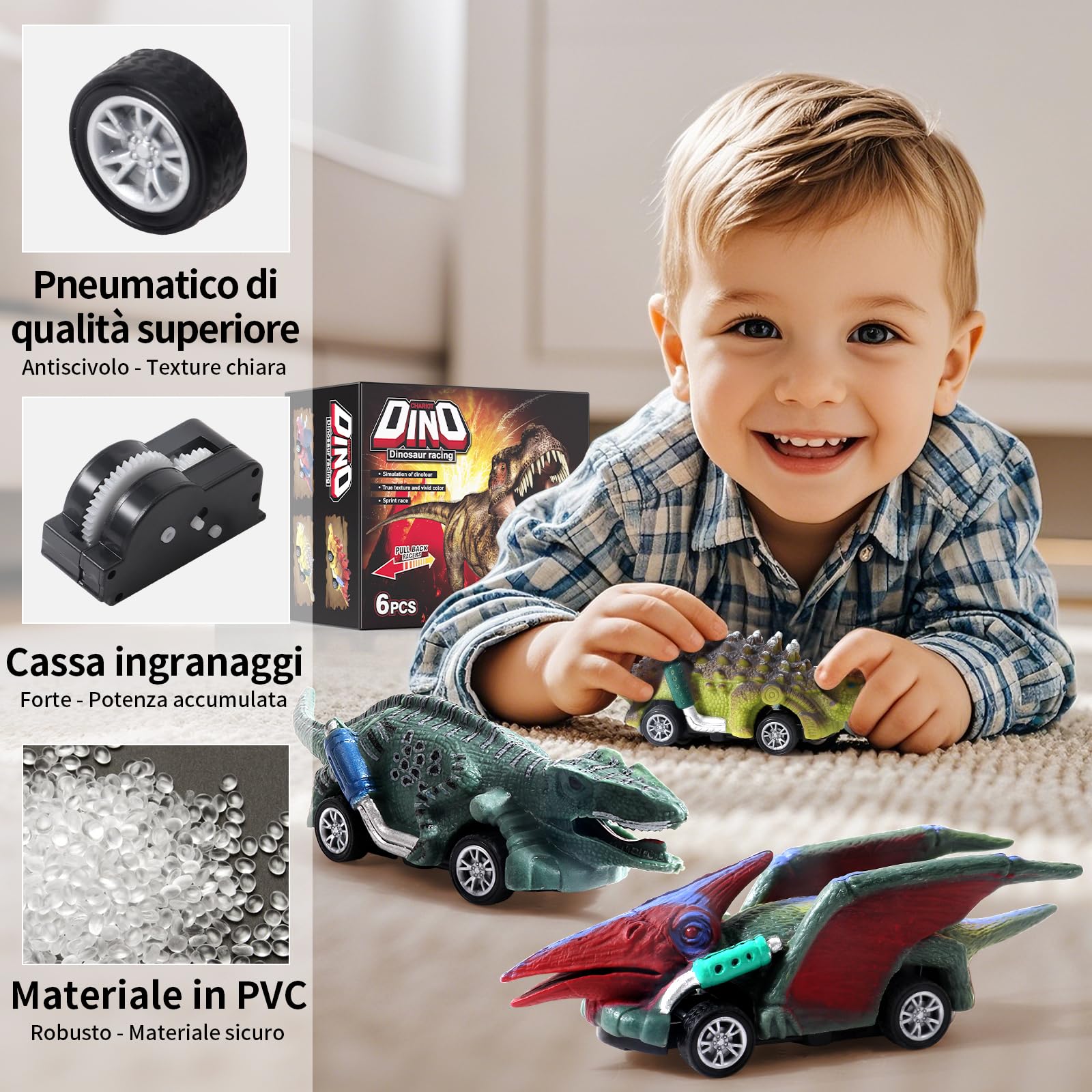 AIQI Dinosauro Macchinine Giocattoli per Bambini, 6 Pezzi Dinosauro Giocattolo Tirare Indietro Auto, Auto Pull Back con Dinosauri Giocattolo Regali per Ragazzi Ragazze di 3 4 5 6 7 8 Anni