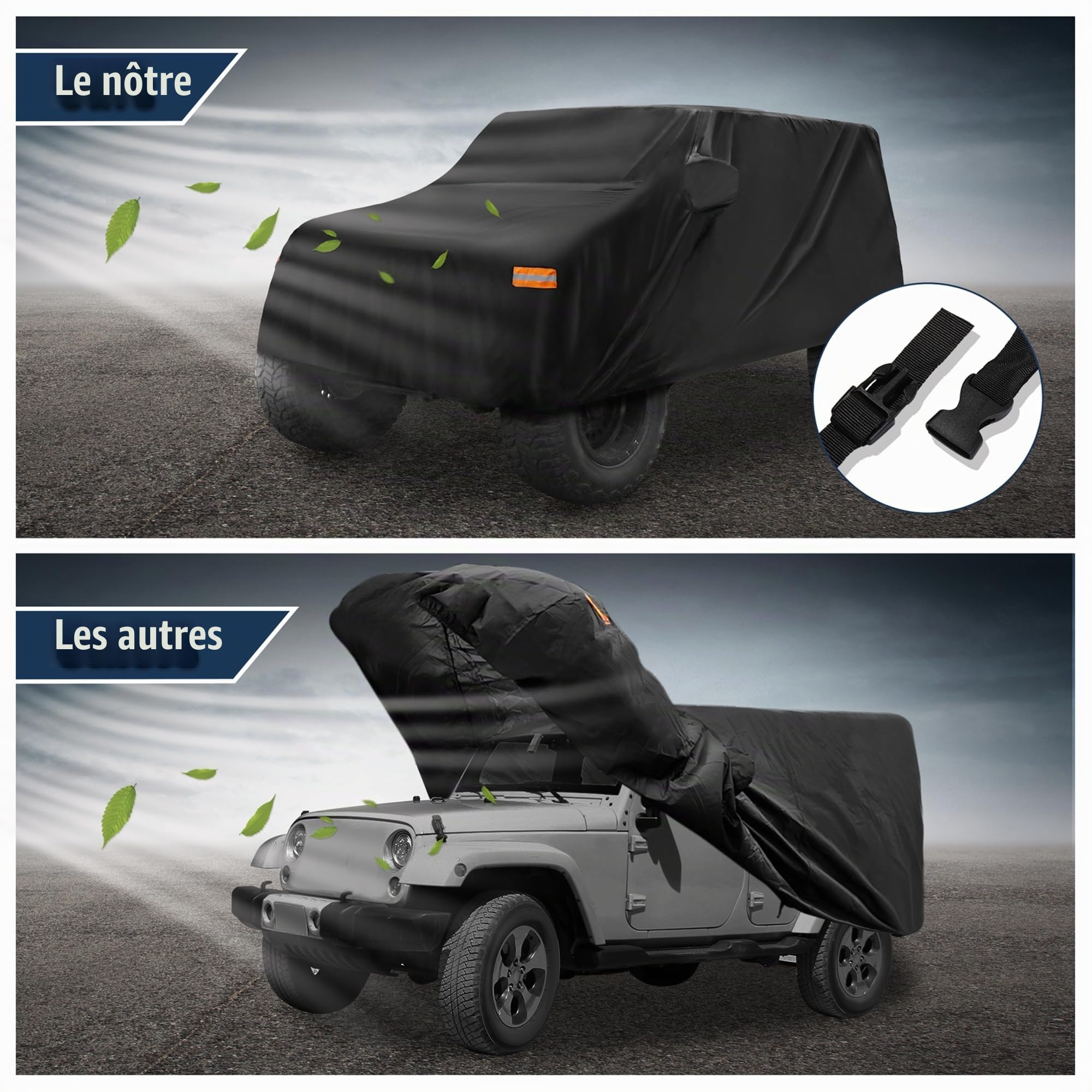 X AUTOHAUX Housse de Voiture SUV Compatible avec Jeep Wrangler JK JL 2 Portes 2007-2021 Protection Extérieure Imperméable au Soleil, à la Pluie, à la Poussière, au Vent et à la Neige 210D Oxford Noir