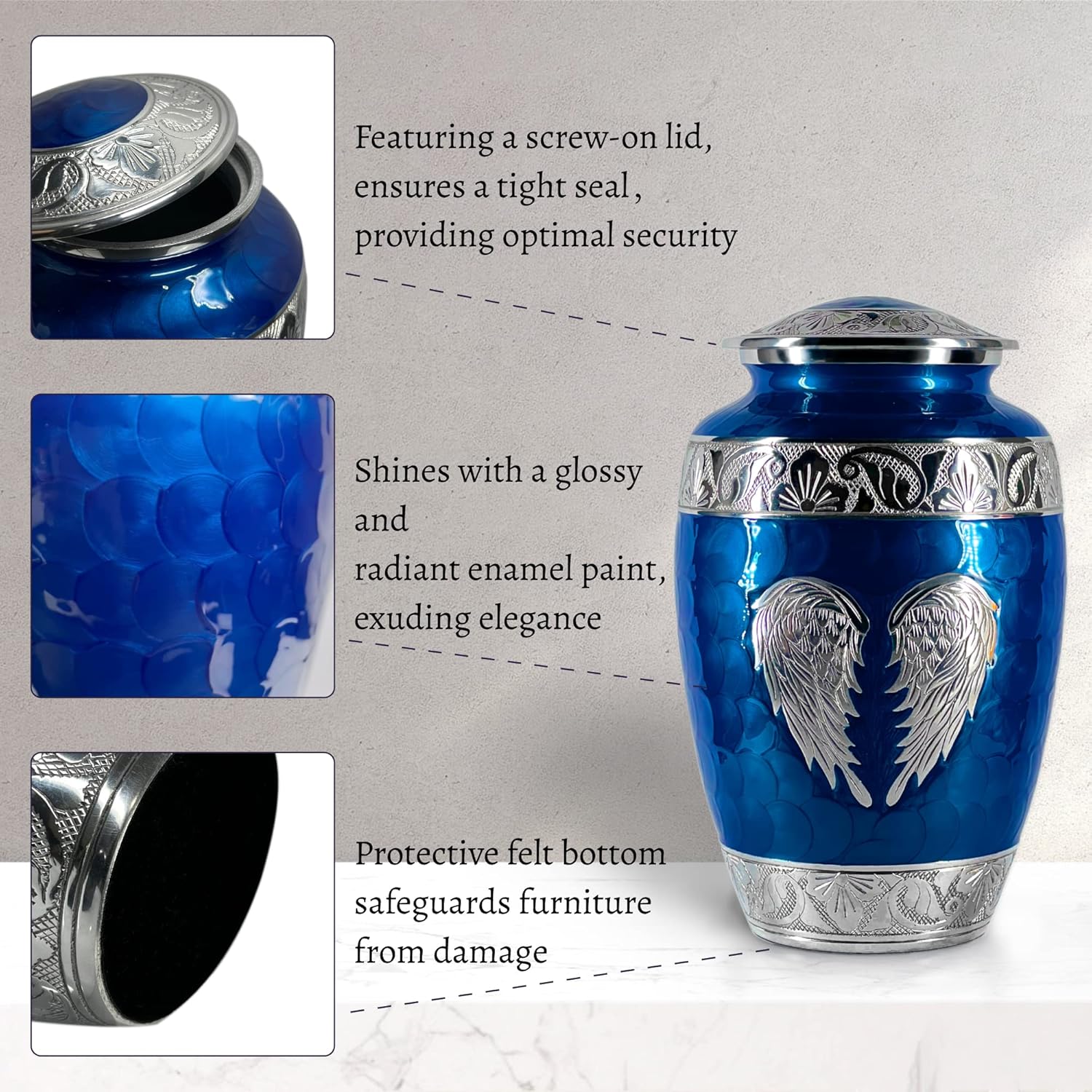Blue Cremation Urn for Adult Human Ashes Male and Female – Large Funeral Burial Urns with Angel Wings, Decorative Memorial Ash Holder