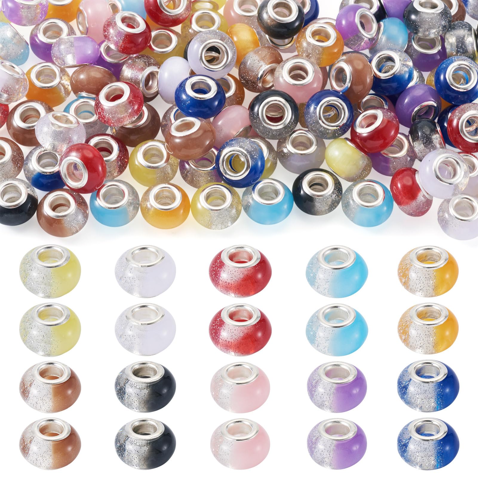 100Pcs Resin European Beads Rondelle Large Hole Beads Colorful Rhinestone Craft Bead Fairy Wand Garden Bead for Pen Bracelet Earring Jewelry Making